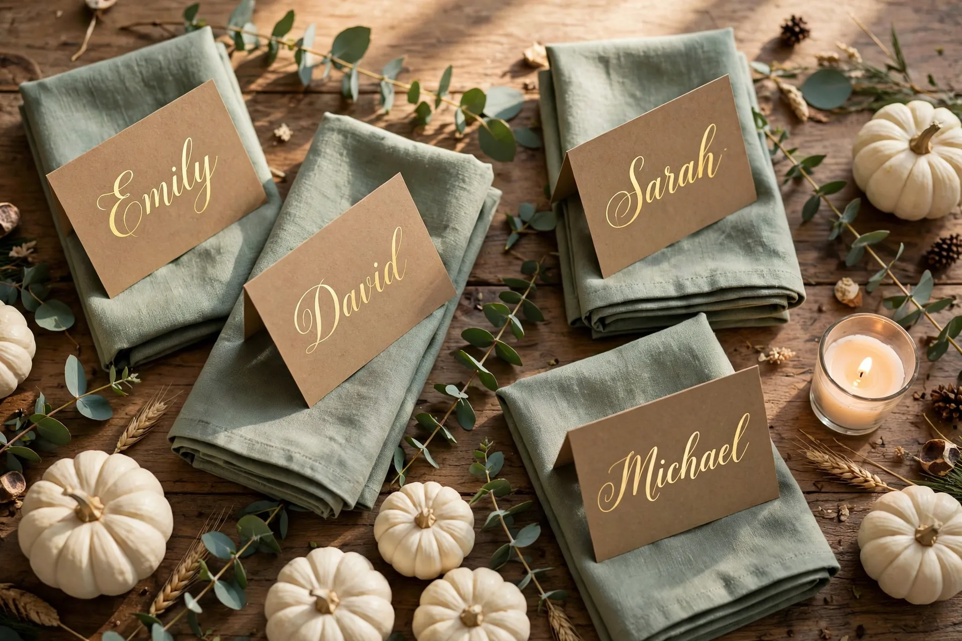 A close-up of elegant Thanksgiving place cards: kraft cards with gold calligraphy, sage linen napkins, eucalyptus sprigs and mini white pumpkins