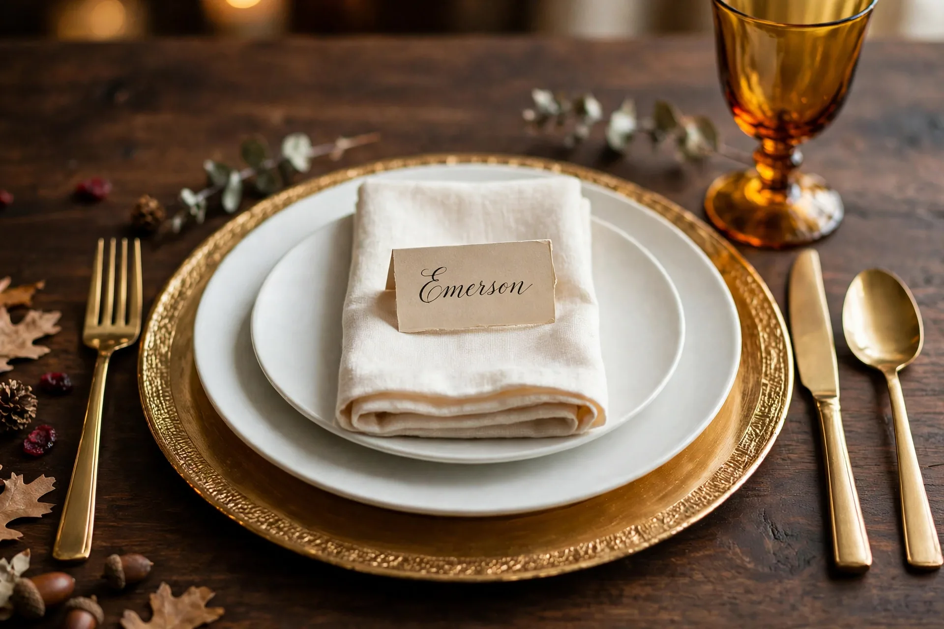 A formal elegant Thanksgiving place setting with a gold charger, white dinner plate, sage linen napkin, calligraphy card, and a mini white pumpkin