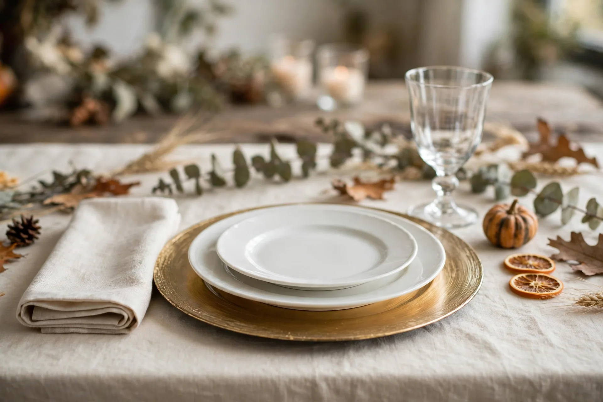 A formal Thanksgiving place setting with a gold charger, white dinner plate and salad plate stacked with a linen napkin