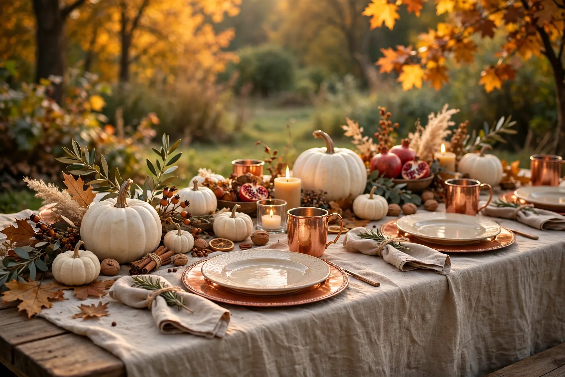 An elegant Thanksgiving table with copper chargers, cream plates and copper mugs