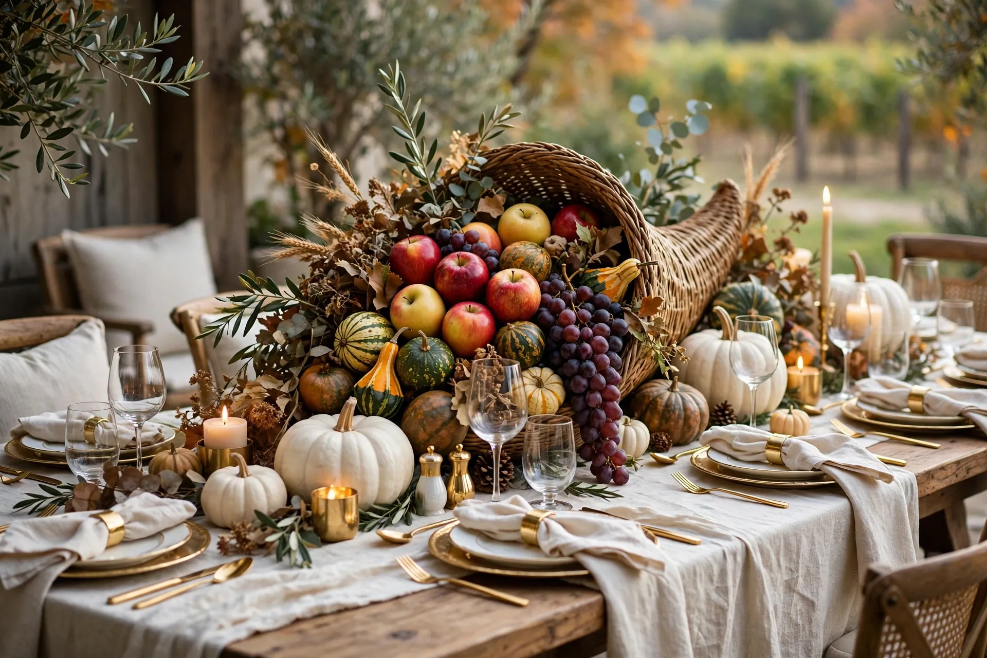 An elegant Thanksgiving table with a cornucopia centerpiece overflowing with apples, gourds and grapes