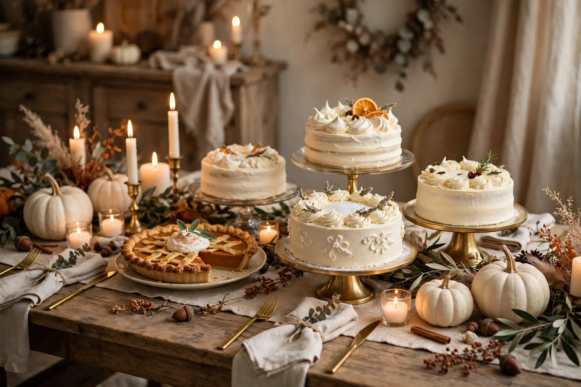 An elegant Thanksgiving dessert table with a pumpkin pie, cream cakes on stands and white pumpkins