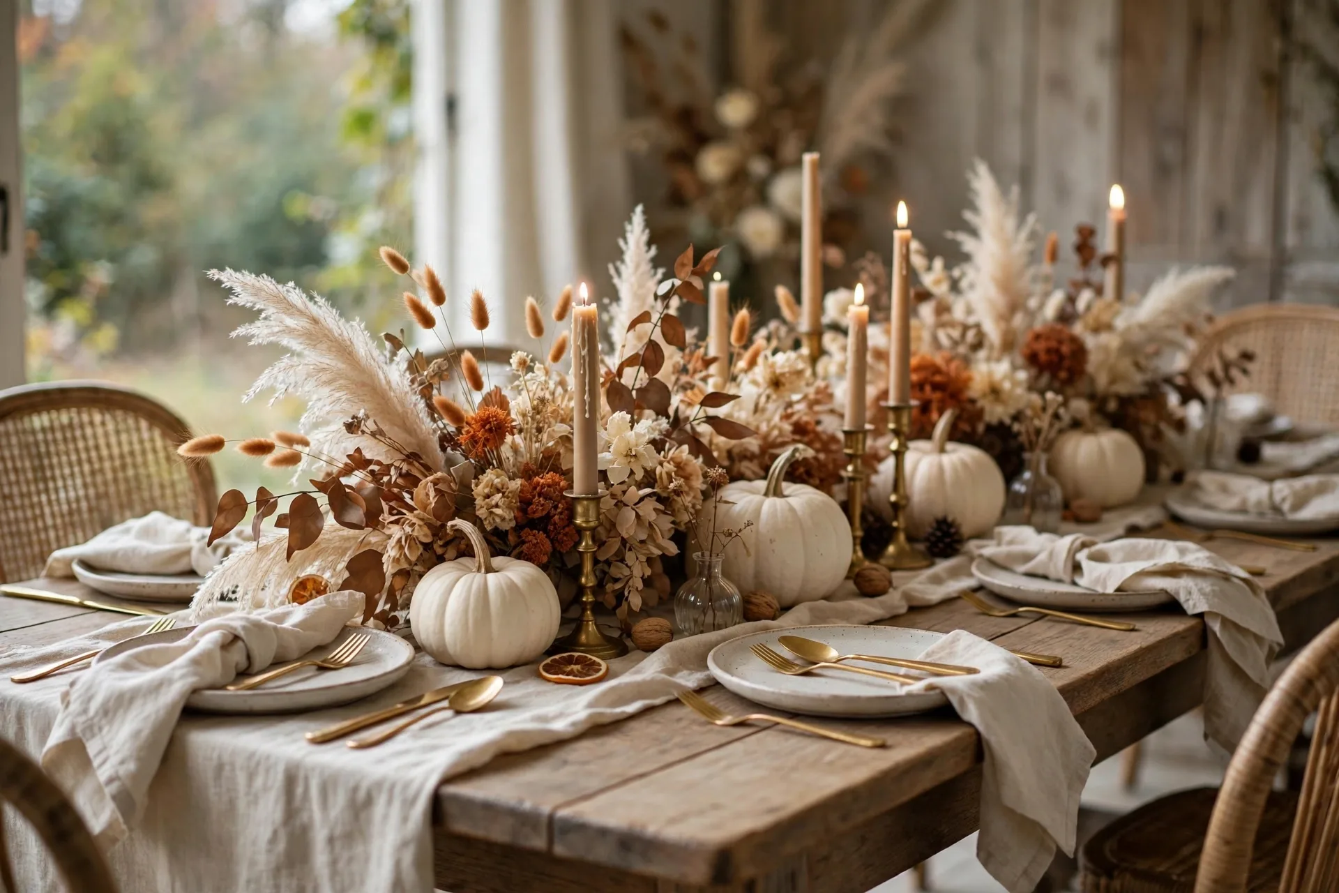 An elegant Thanksgiving table with dried flower arrangements in cream and rust and white pumpkins