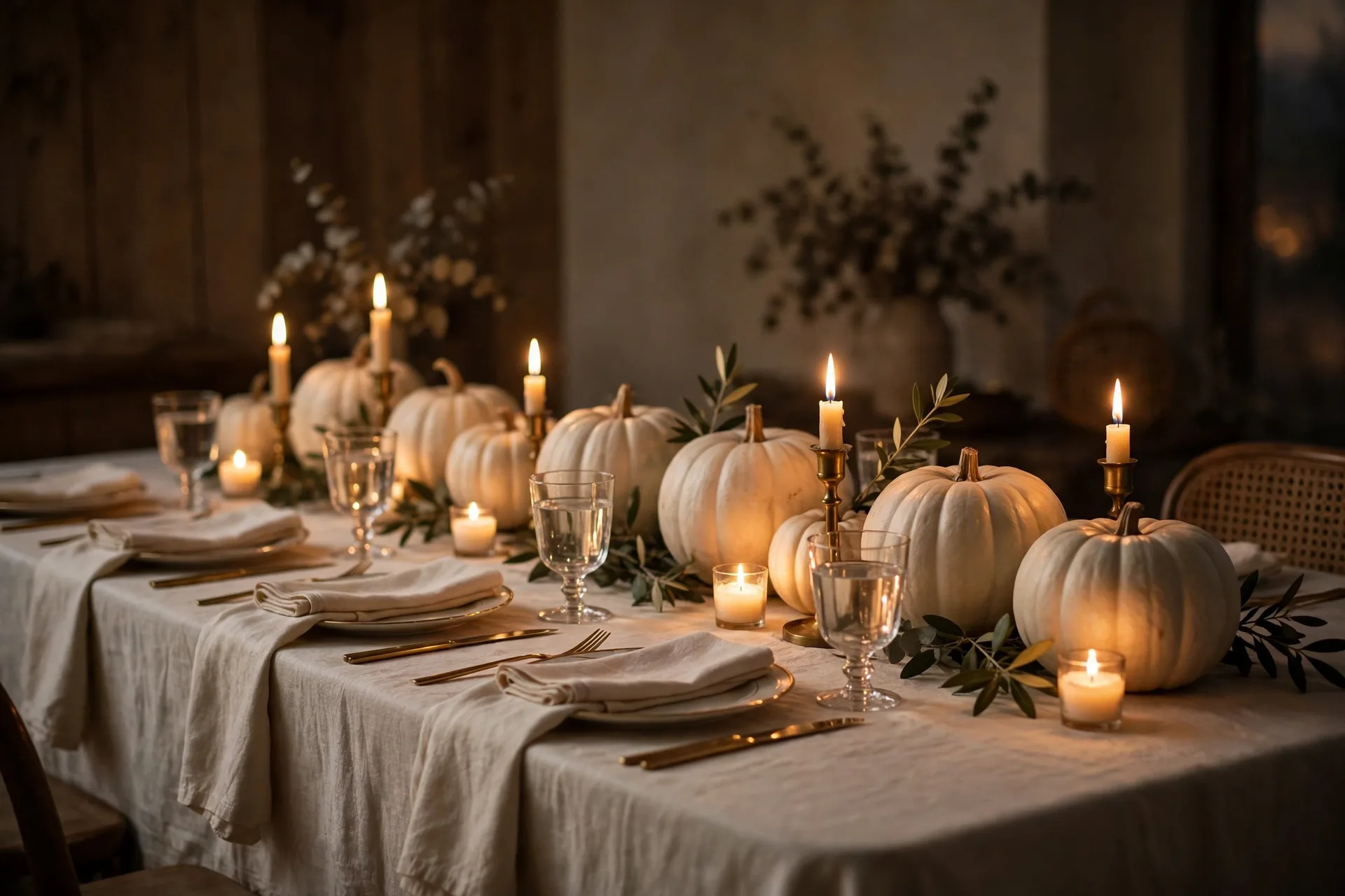 A cream tablecloth with a straight row of white pumpkins and every candle lit in dimmed warm light
