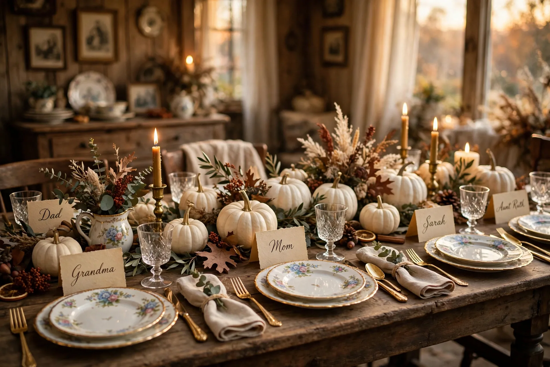 An elegant Thanksgiving table set with vintage family china, gold rimmed plates and white pumpkins