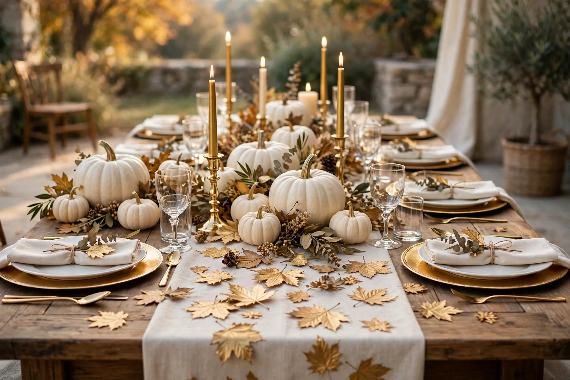 An elegant Thanksgiving table with gold painted autumn leaves scattered down a cream runner