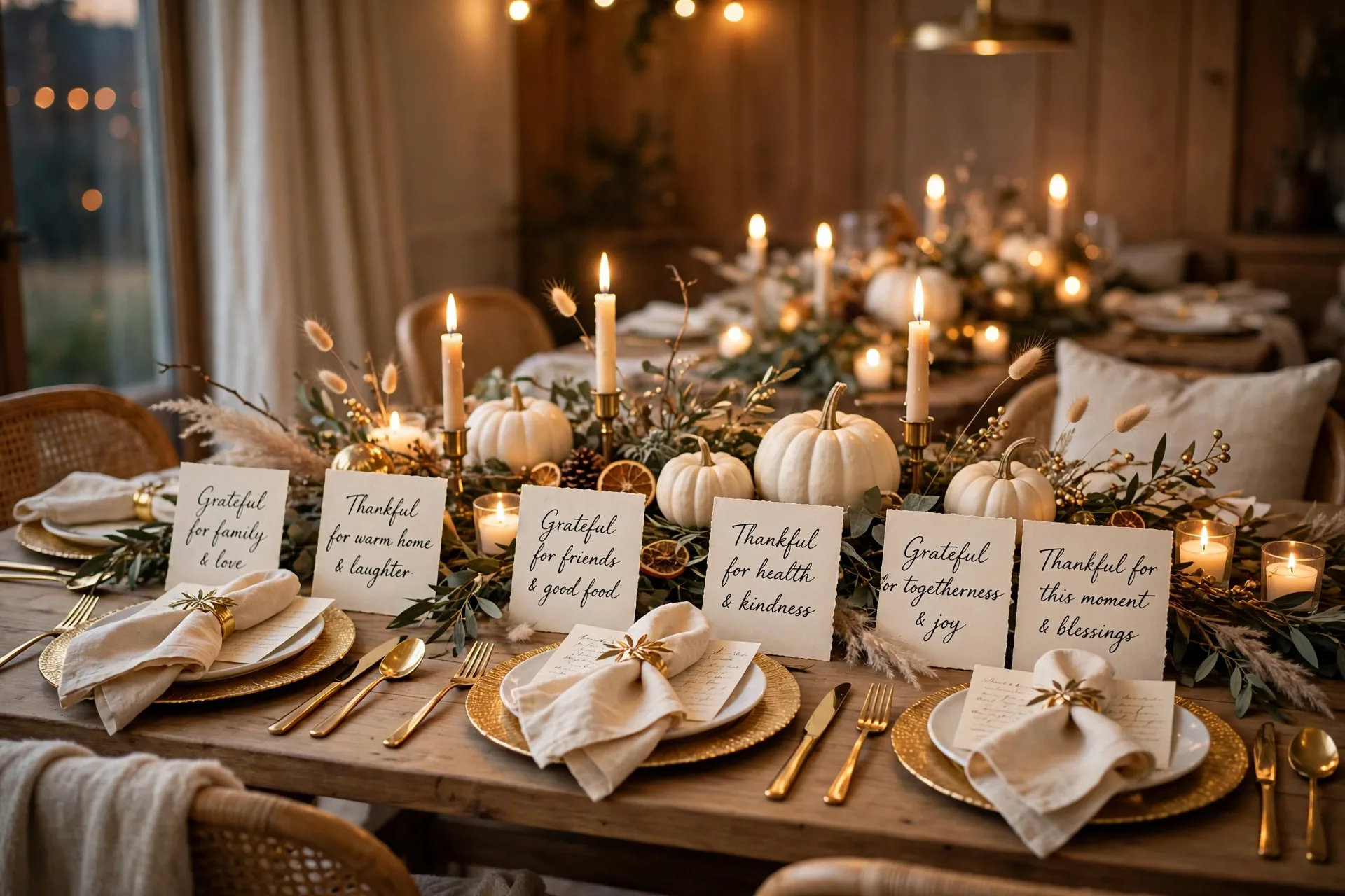 An elegant Thanksgiving table with handwritten gratitude cards at each place and warm candlelight