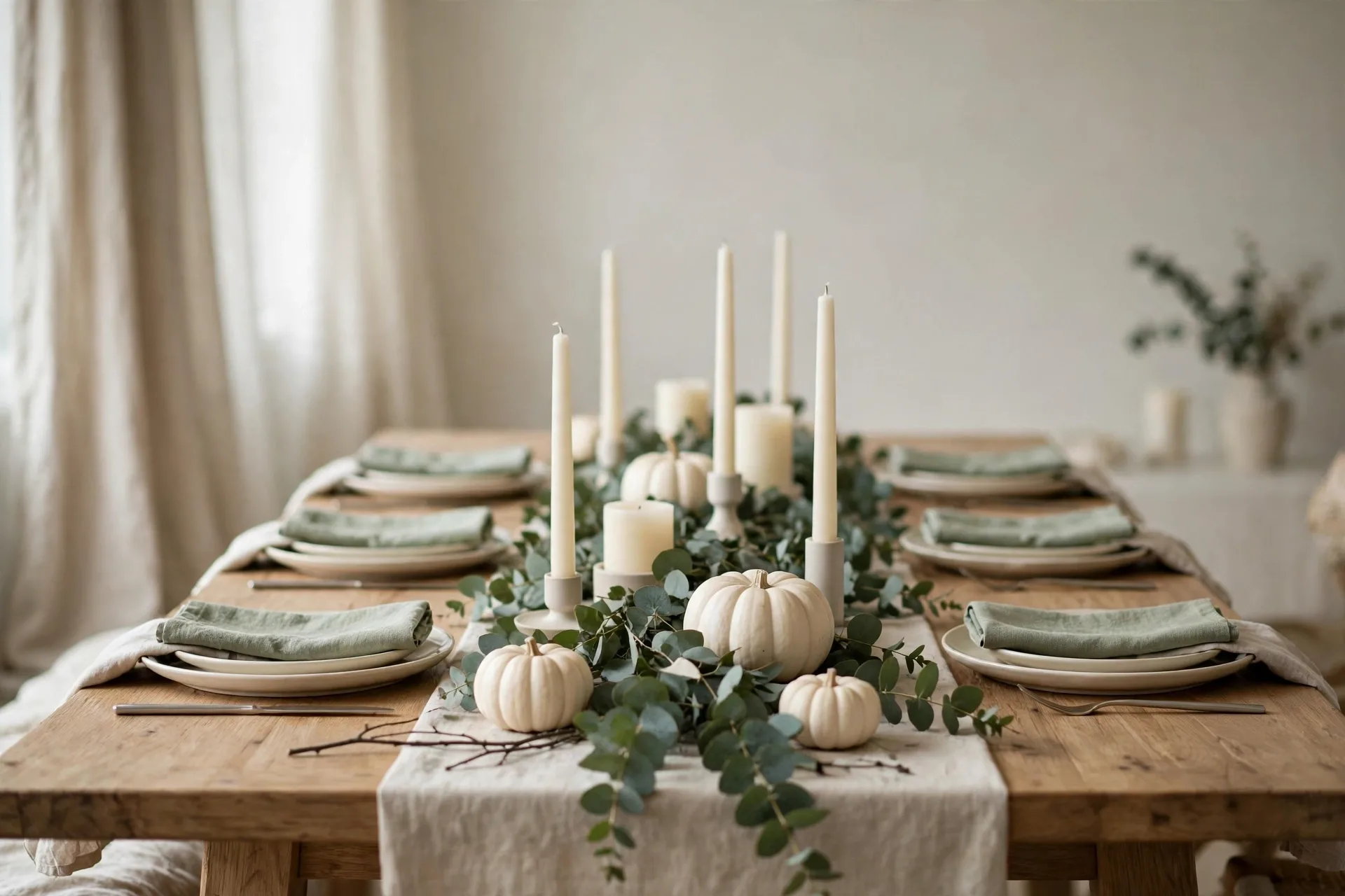 A minimalist elegant Thanksgiving table with white pumpkins, eucalyptus and sage green linen napkins