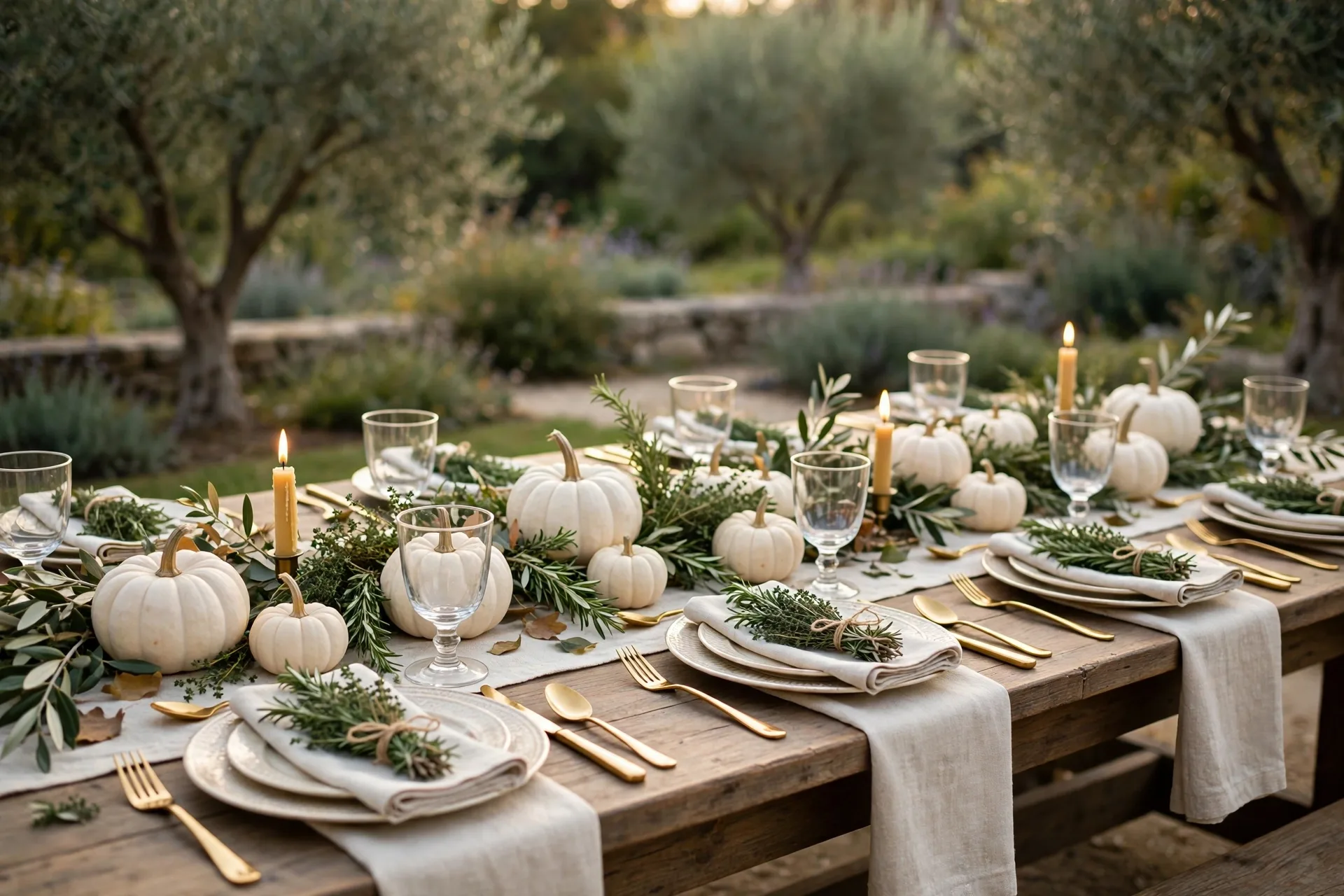 An elegant Thanksgiving table with fresh herb bundles of rosemary and thyme at each place