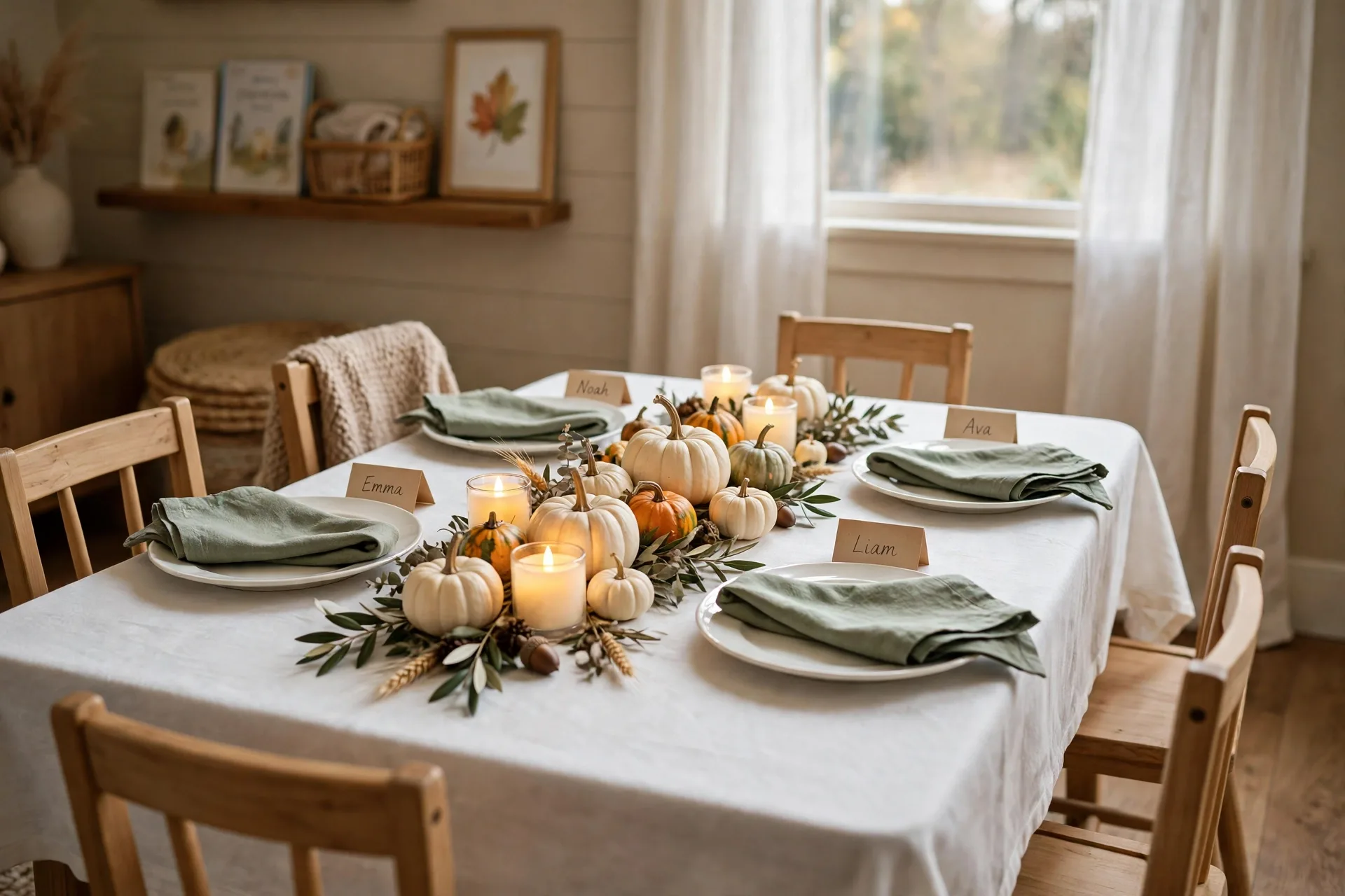 An elegant kid-friendly Thanksgiving table with a white tablecloth, mini white pumpkins, glowing flameless candles, name cards and sage napkins