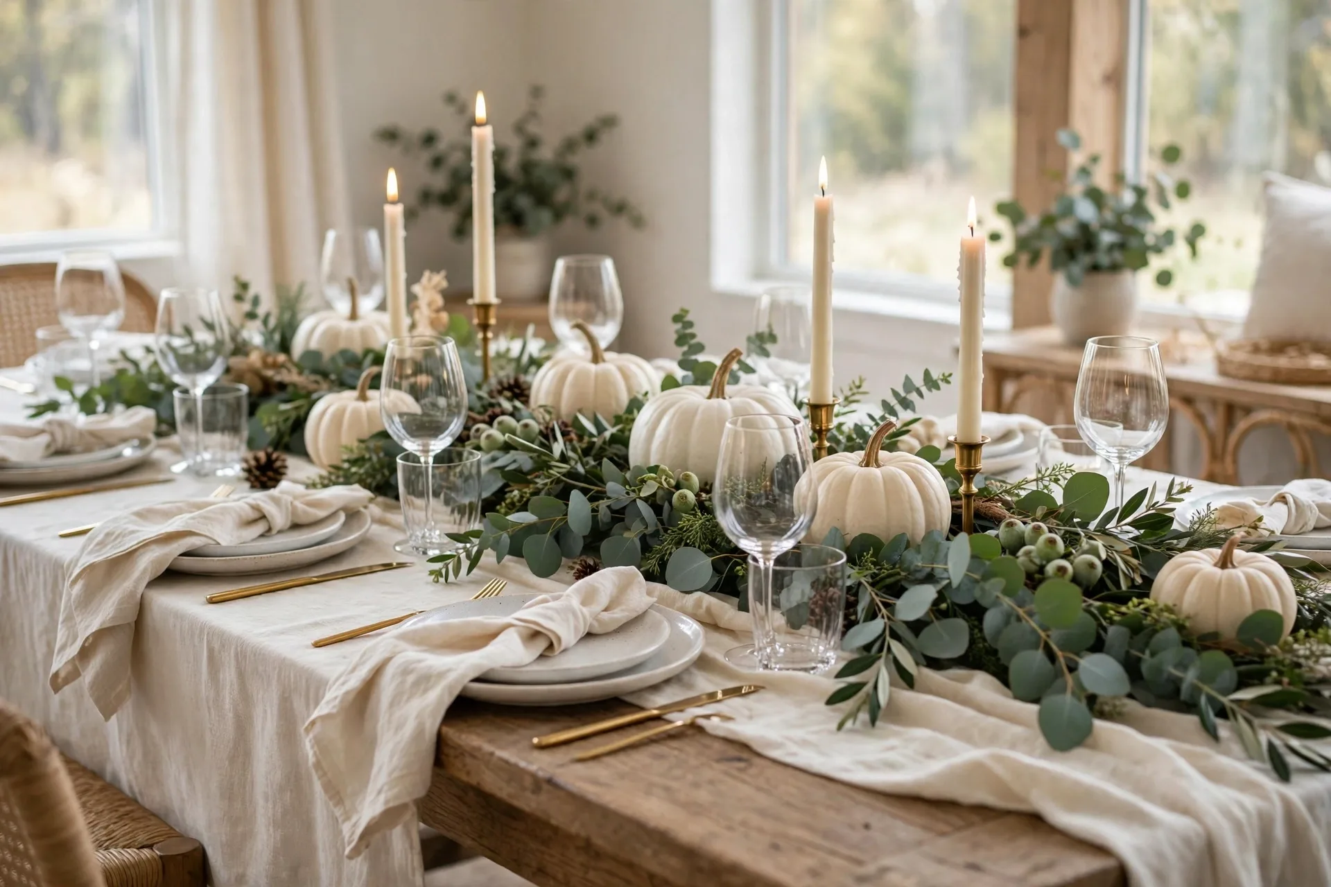 A cream linen Thanksgiving table with a fresh eucalyptus garland, white pumpkins and ivory taper candles