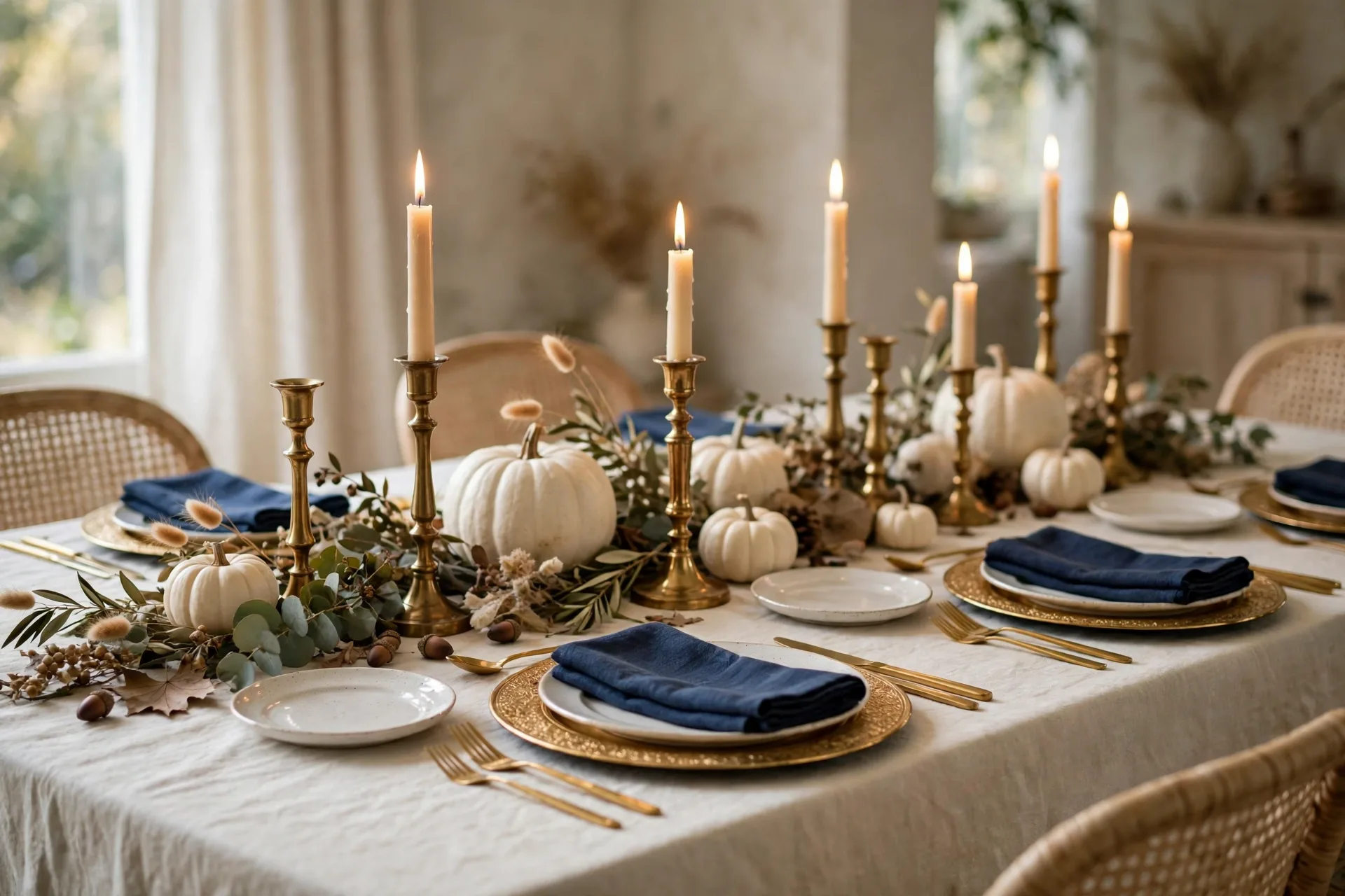 An elegant Thanksgiving table with navy blue linen napkins, gold chargers and brass candlesticks