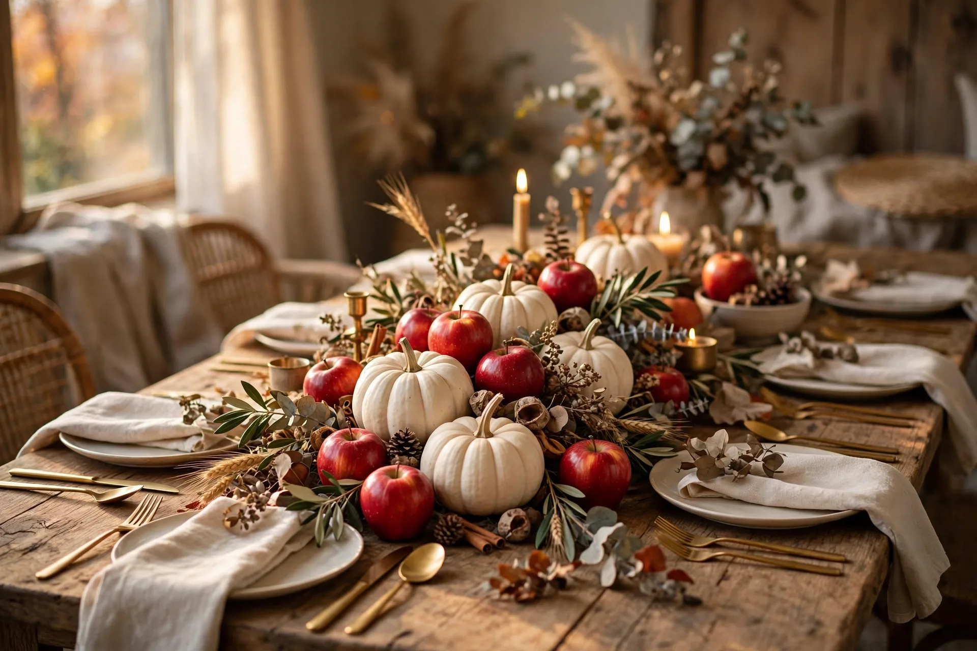 An elegant Thanksgiving table with a centerpiece of red apples and white pumpkins on a wooden table