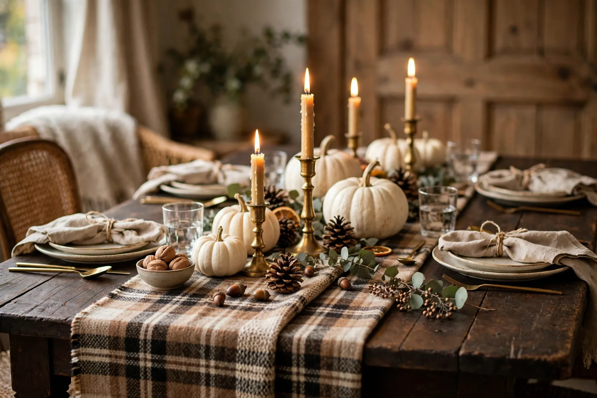 An elegant Thanksgiving table with a plaid wool runner, pinecones and white pumpkins on a dark wood table