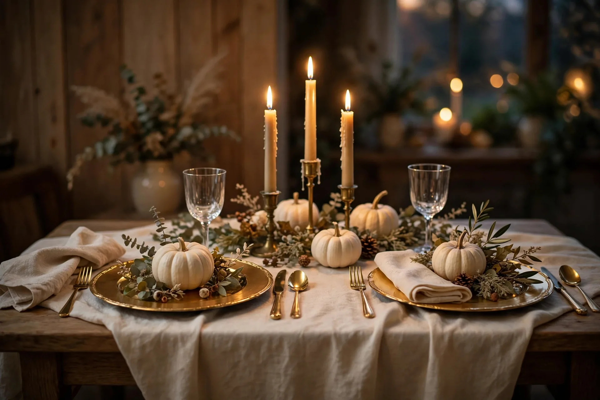 An elegant small Thanksgiving table for two with white pumpkins, two gold chargers and taper candles