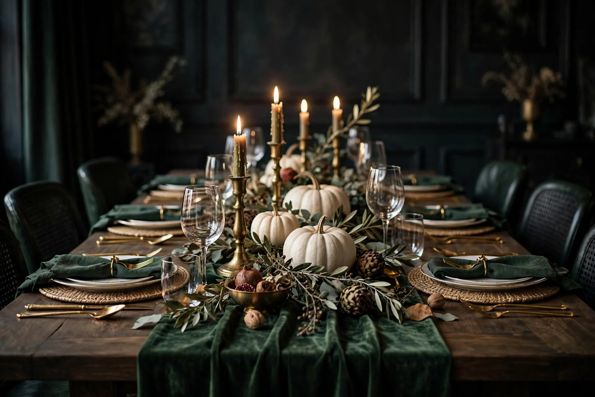 An elegant Thanksgiving table with a deep green velvet runner, brass candle holders and white pumpkins