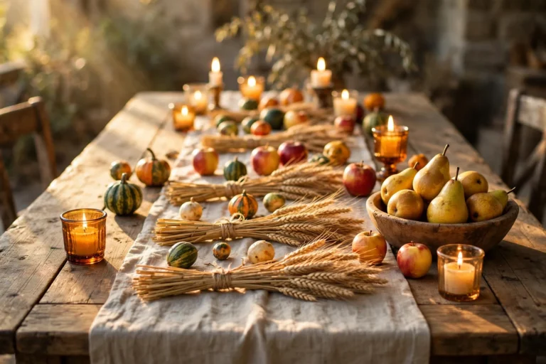 A long farmhouse table styled as a harvest Thanksgiving tablescape with wheat-stalk bundles, gourds, apples and pears, amber candlelight and a linen runner