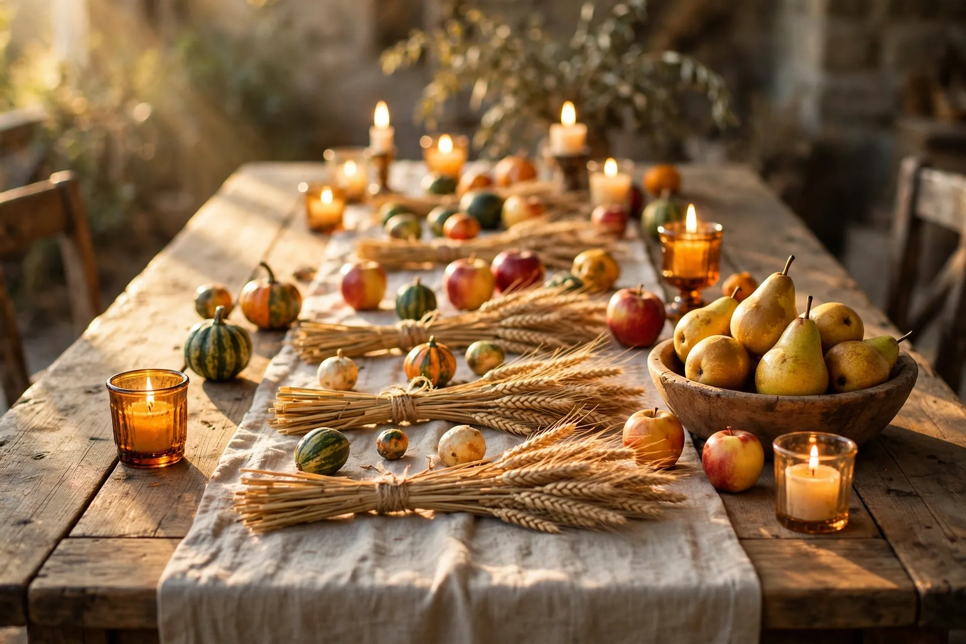 A long farmhouse table styled as a harvest Thanksgiving tablescape with wheat-stalk bundles, gourds, apples and pears, amber candlelight and a linen runner