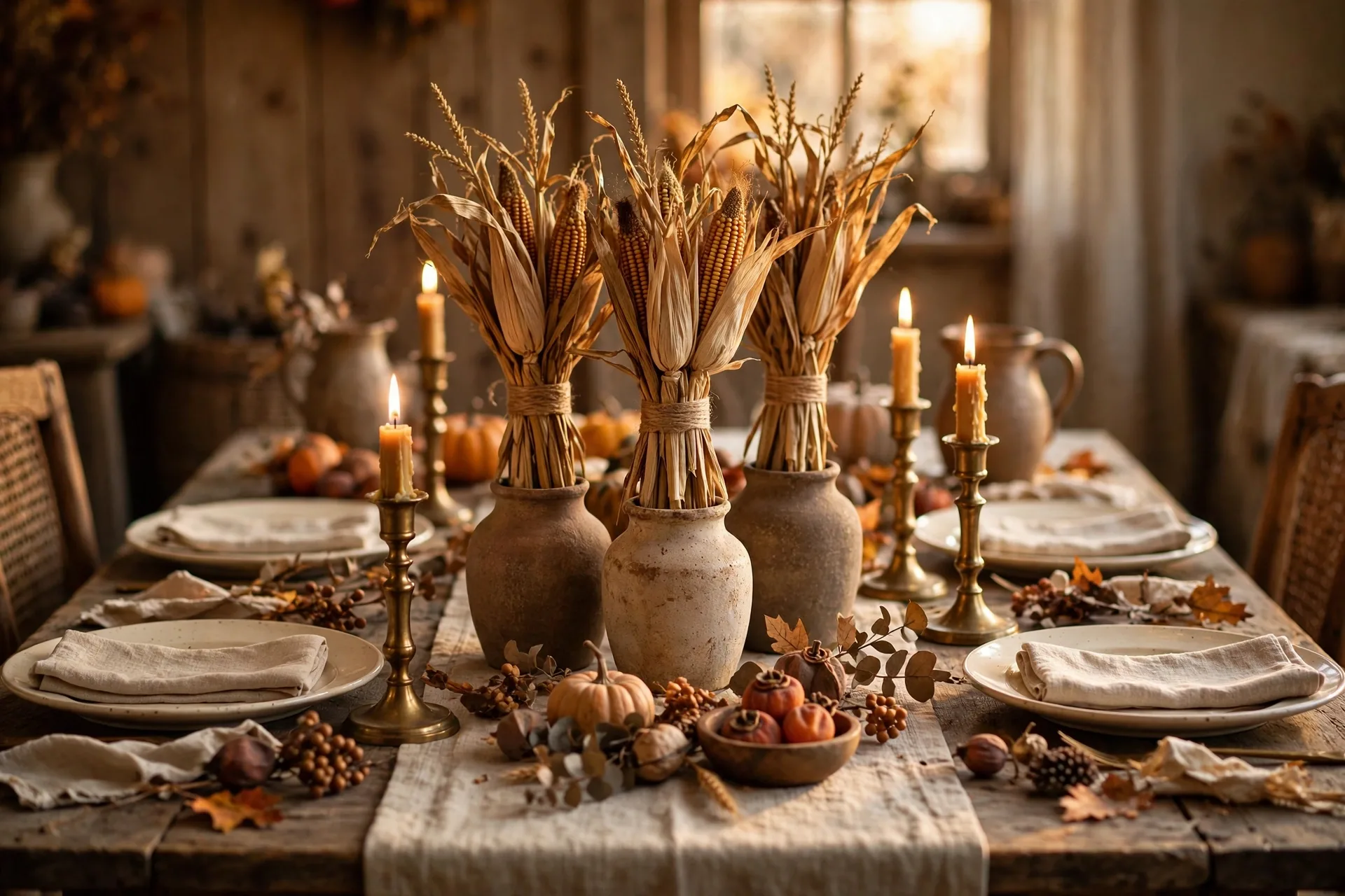 Bundles of dried corn stalks tied with twine standing in vases down the center of a Thanksgiving table