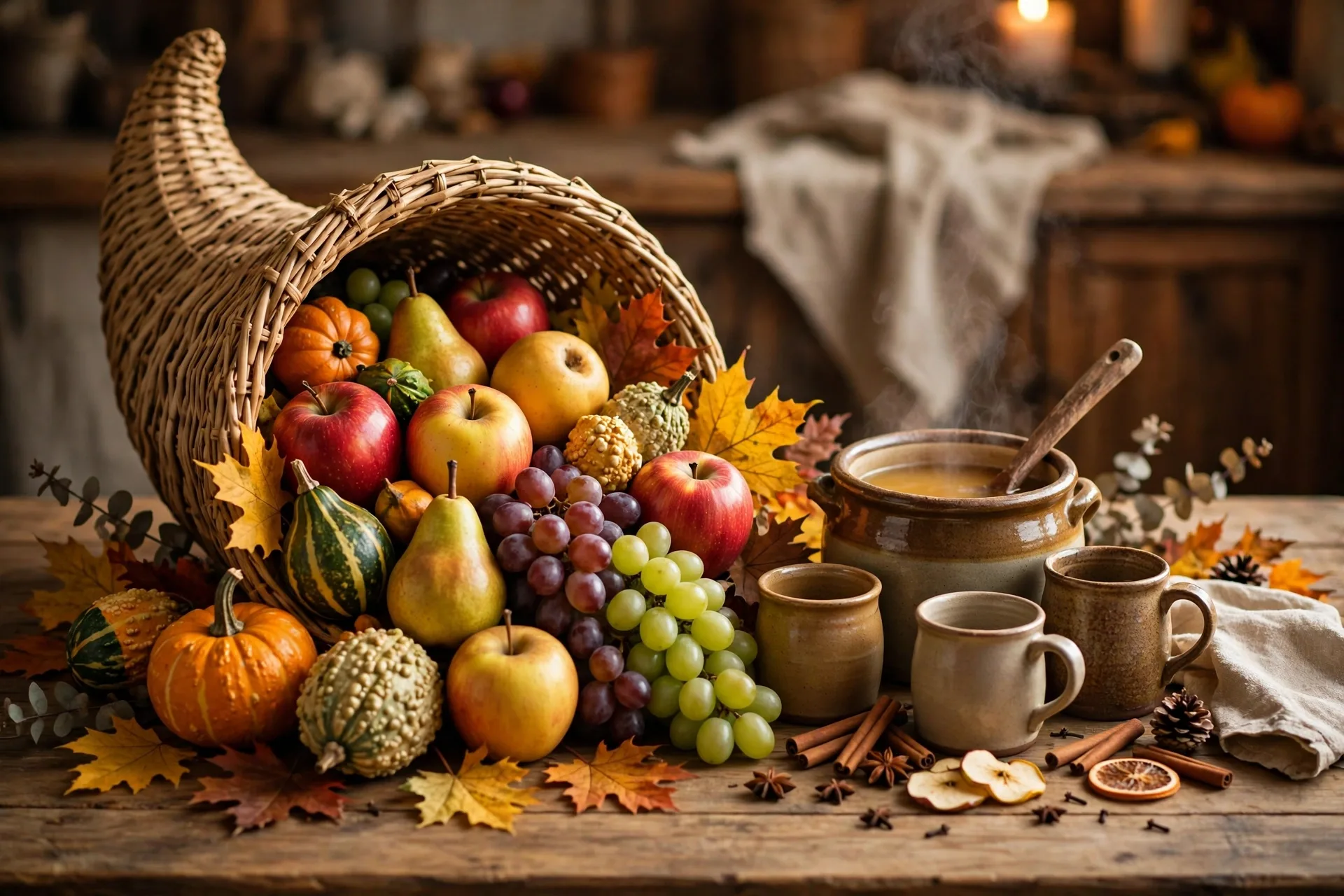 A wicker cornucopia overflowing with apples, pears, grapes and gourds as a Thanksgiving centerpiece, beside a small hot apple cider station