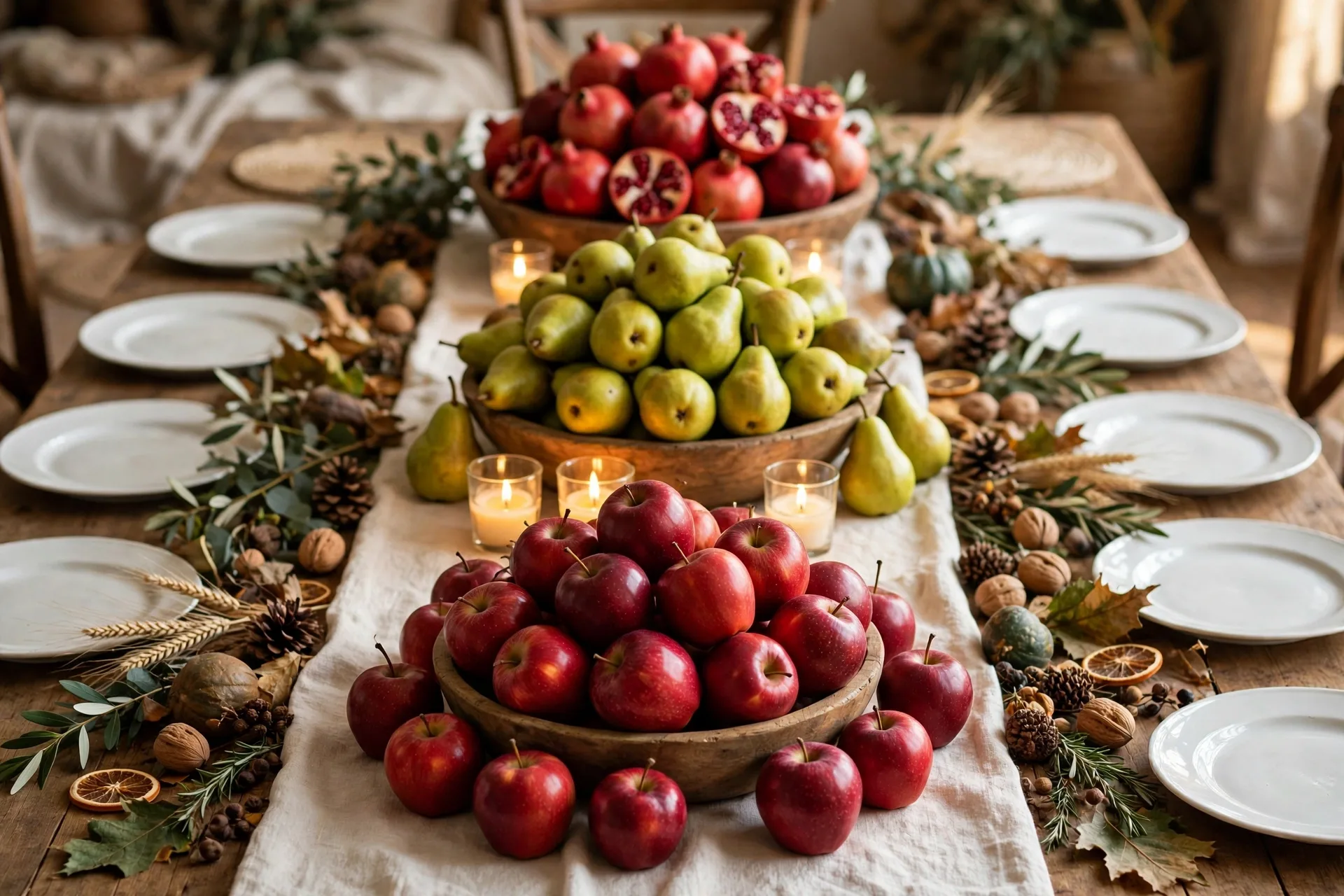 Wooden bowls overflowing with red apples, green pears and pomegranates as the centerpiece of a harvest Thanksgiving table