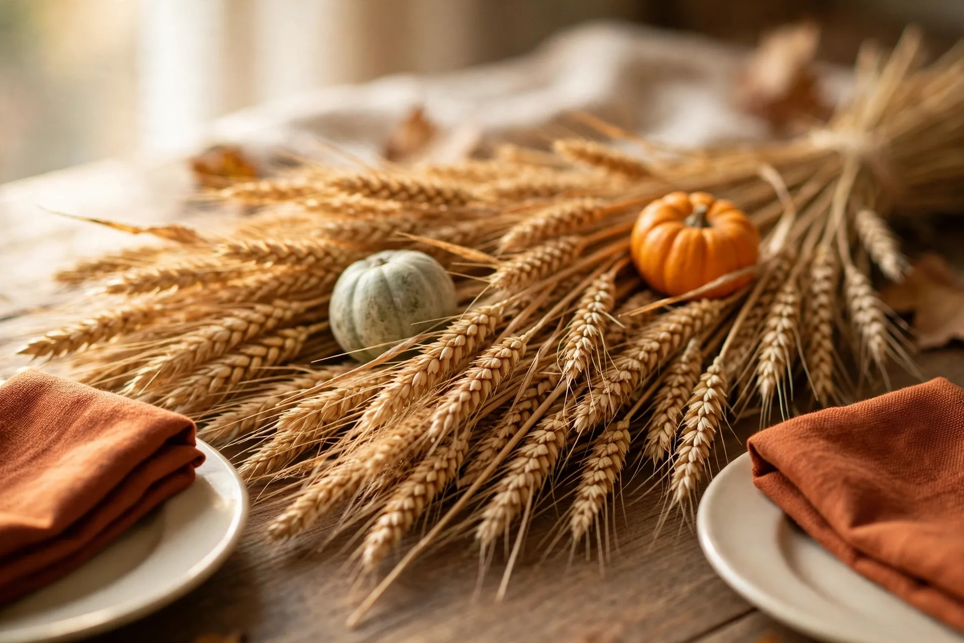 Golden dried wheat stalks fanned along a table runner as a harvest Thanksgiving centerpiece, with cream plates and rust napkins