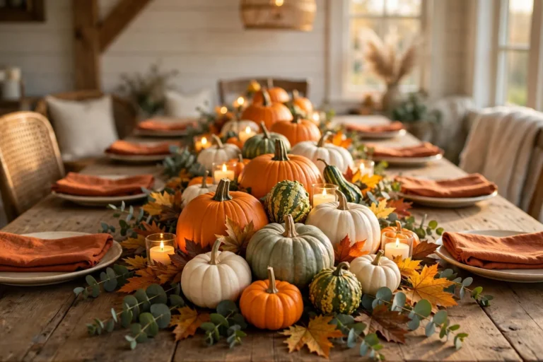 A Thanksgiving dining table with a long garland of mixed orange, white and green pumpkins, mini gourds, eucalyptus and glowing tea lights down a rustic wooden table with rust linen napkins