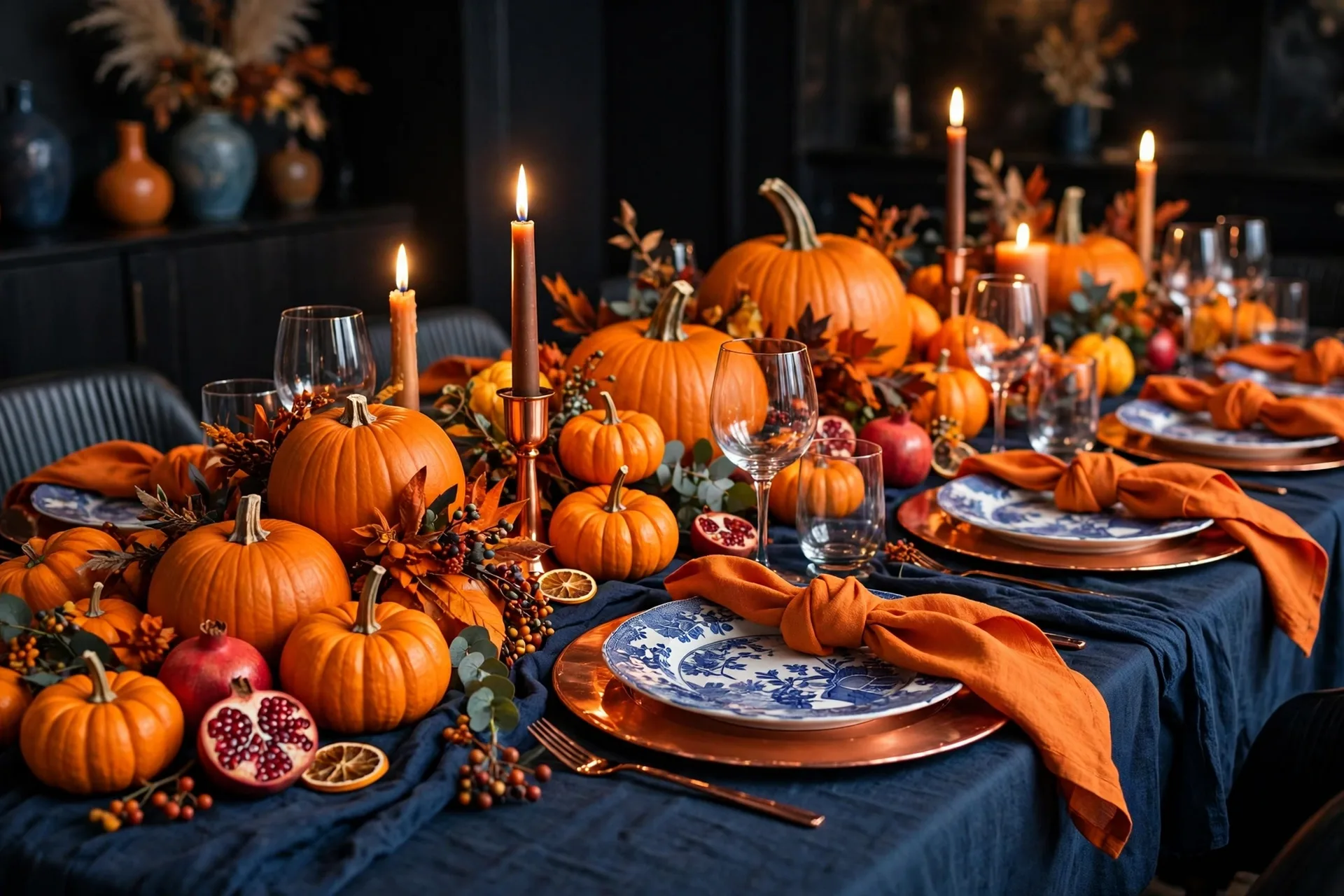 A bold modern Thanksgiving table with a navy blue runner, bright orange pumpkins, copper chargers and orange napkins