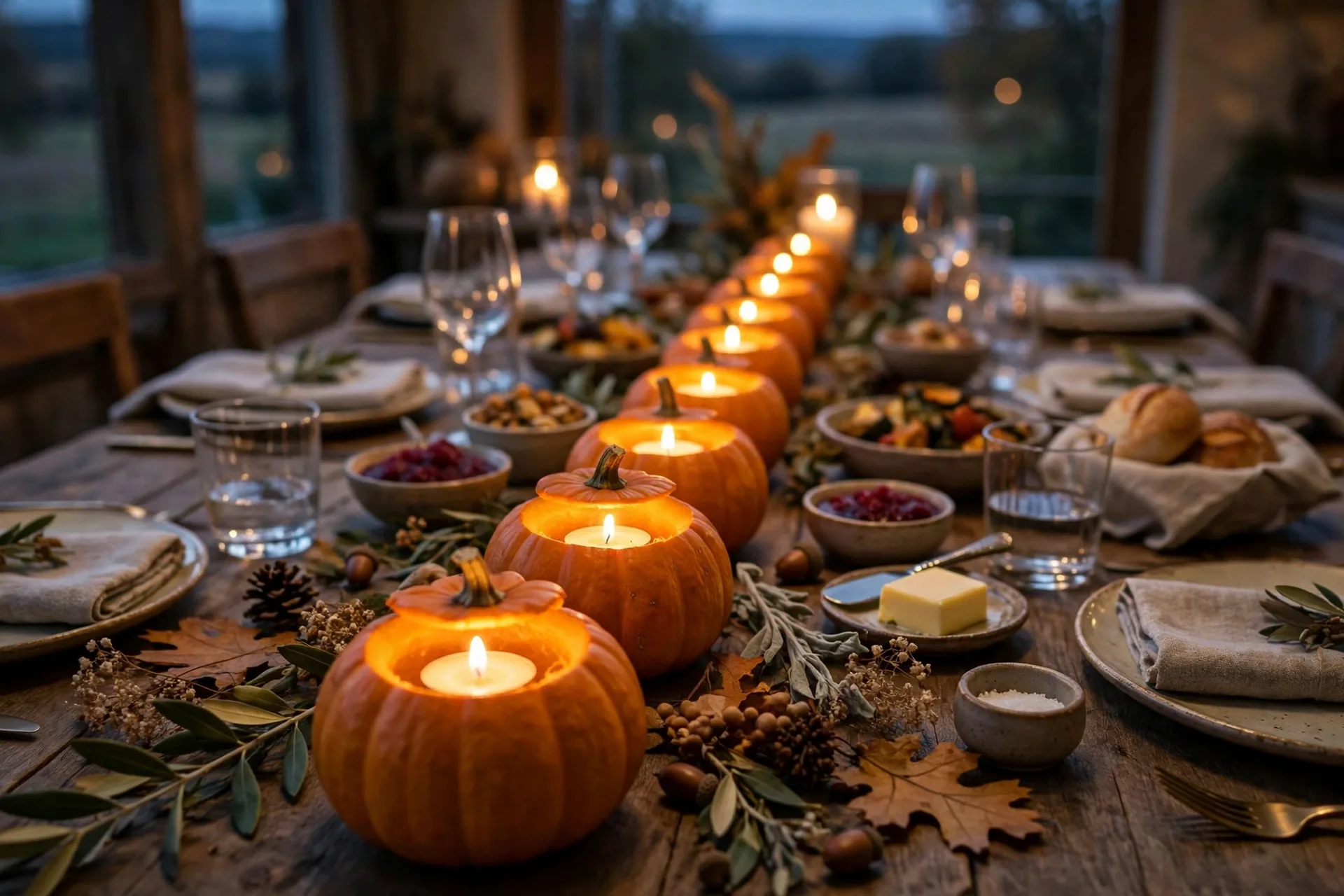 Hollowed mini pumpkins glowing as candle holders with battery tea lights down the center of a Thanksgiving dinner table at dusk