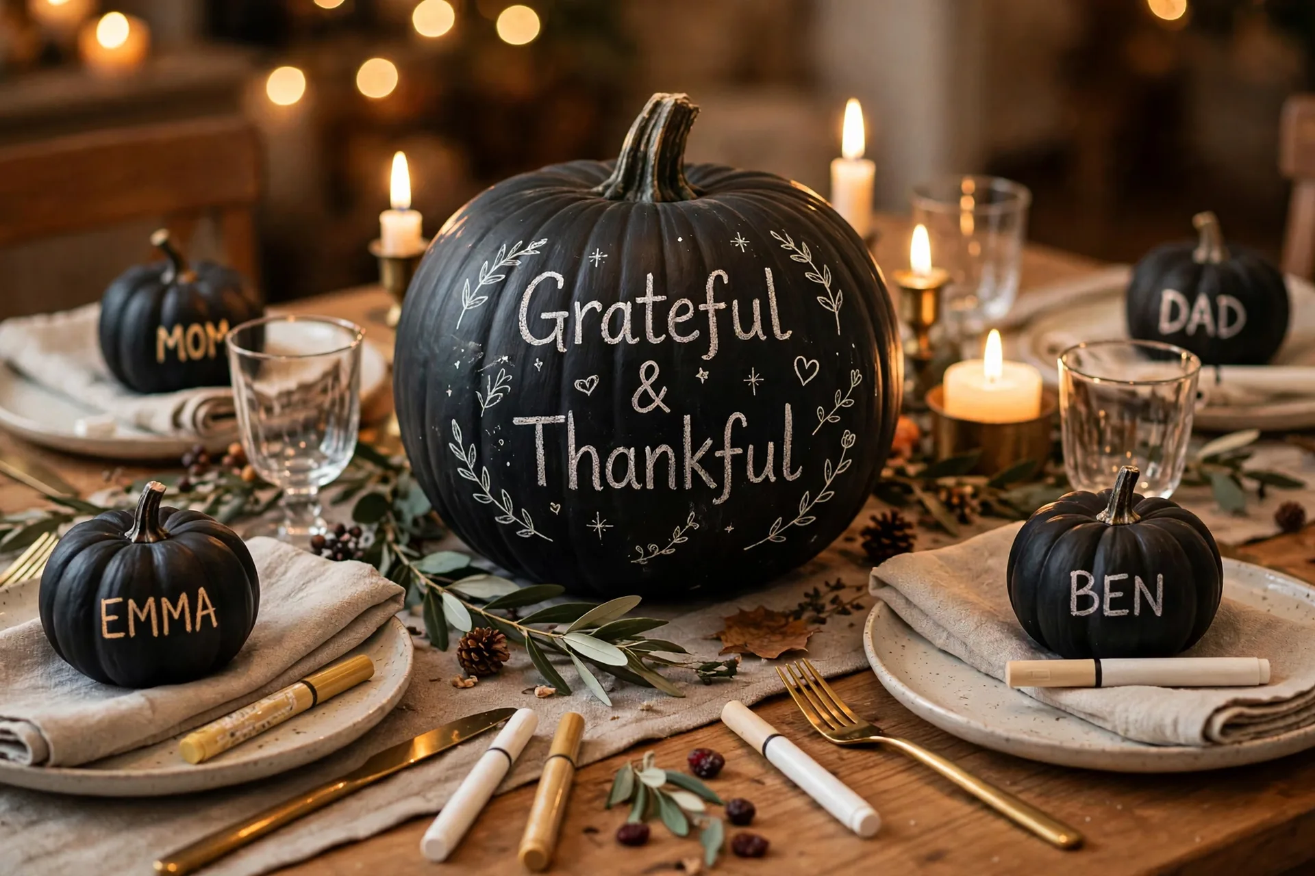 Thanksgiving table with craft pumpkins painted in matte black chalkboard paint, one with a chalk message and minis at each place
