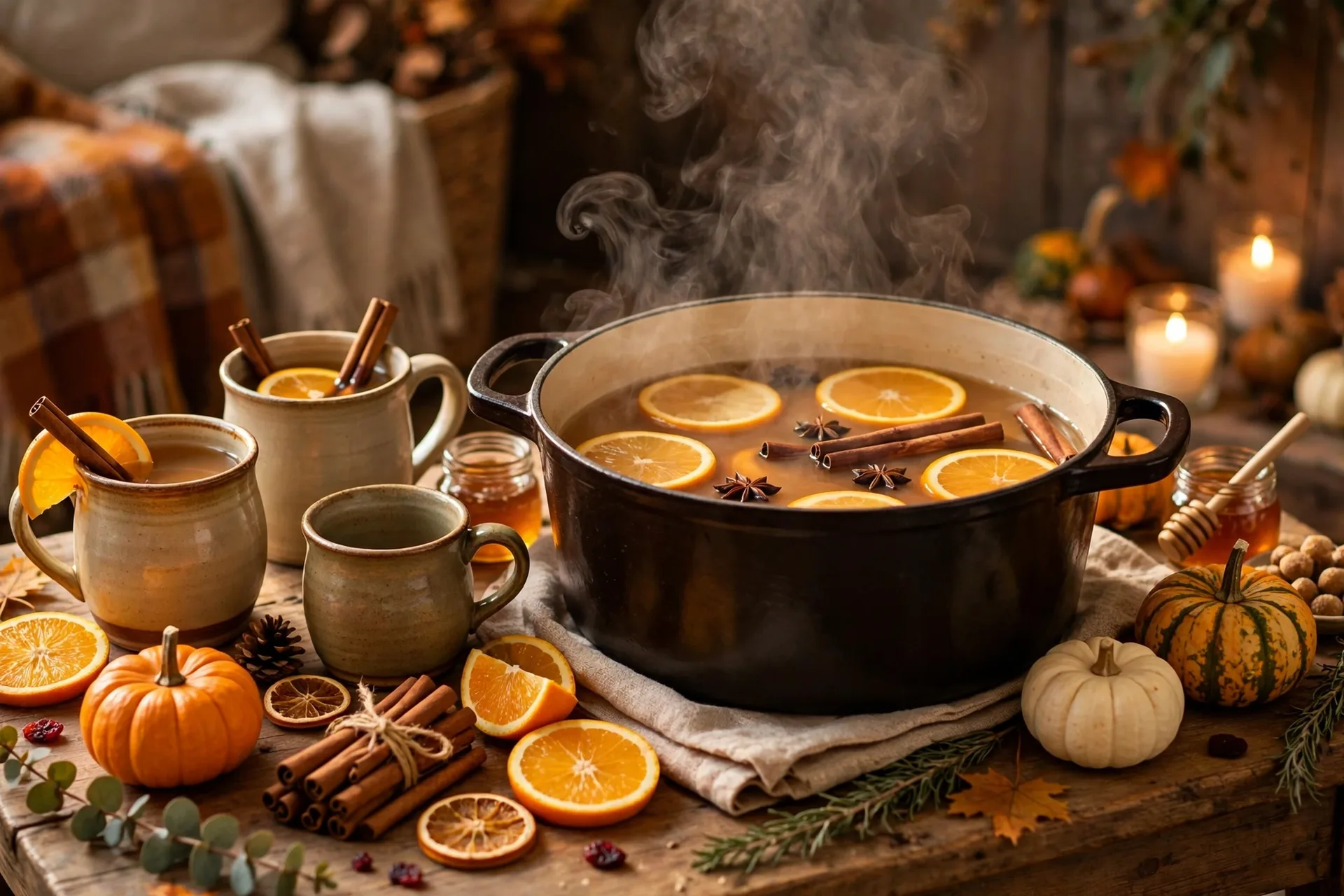 A cozy Thanksgiving cider station with a pot of warm apple cider, mugs, cinnamon sticks, orange slices and mini pumpkins
