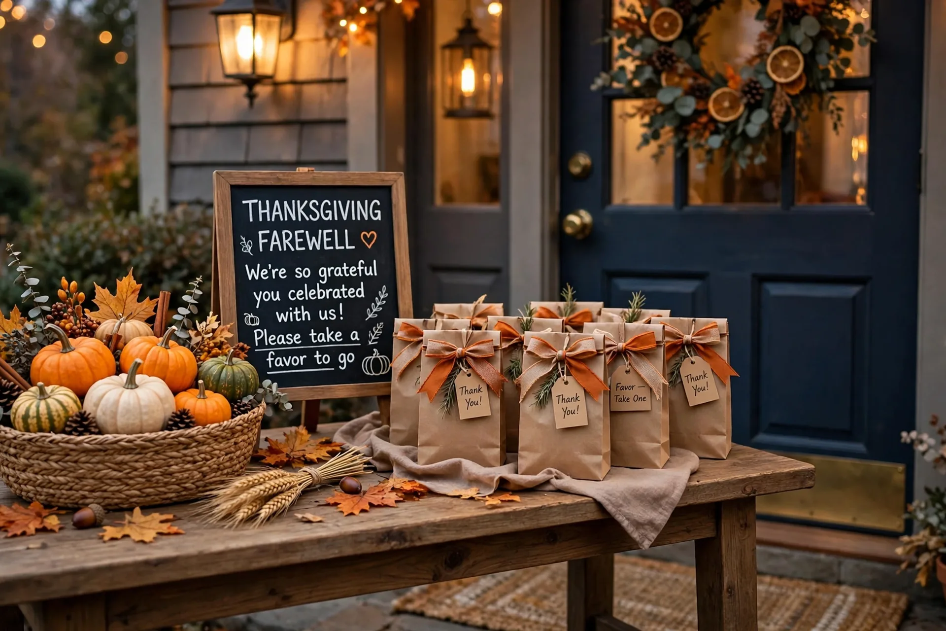 A Thanksgiving farewell favor table by a front door with a basket of mini pumpkins and small kraft gift bags with ribbons