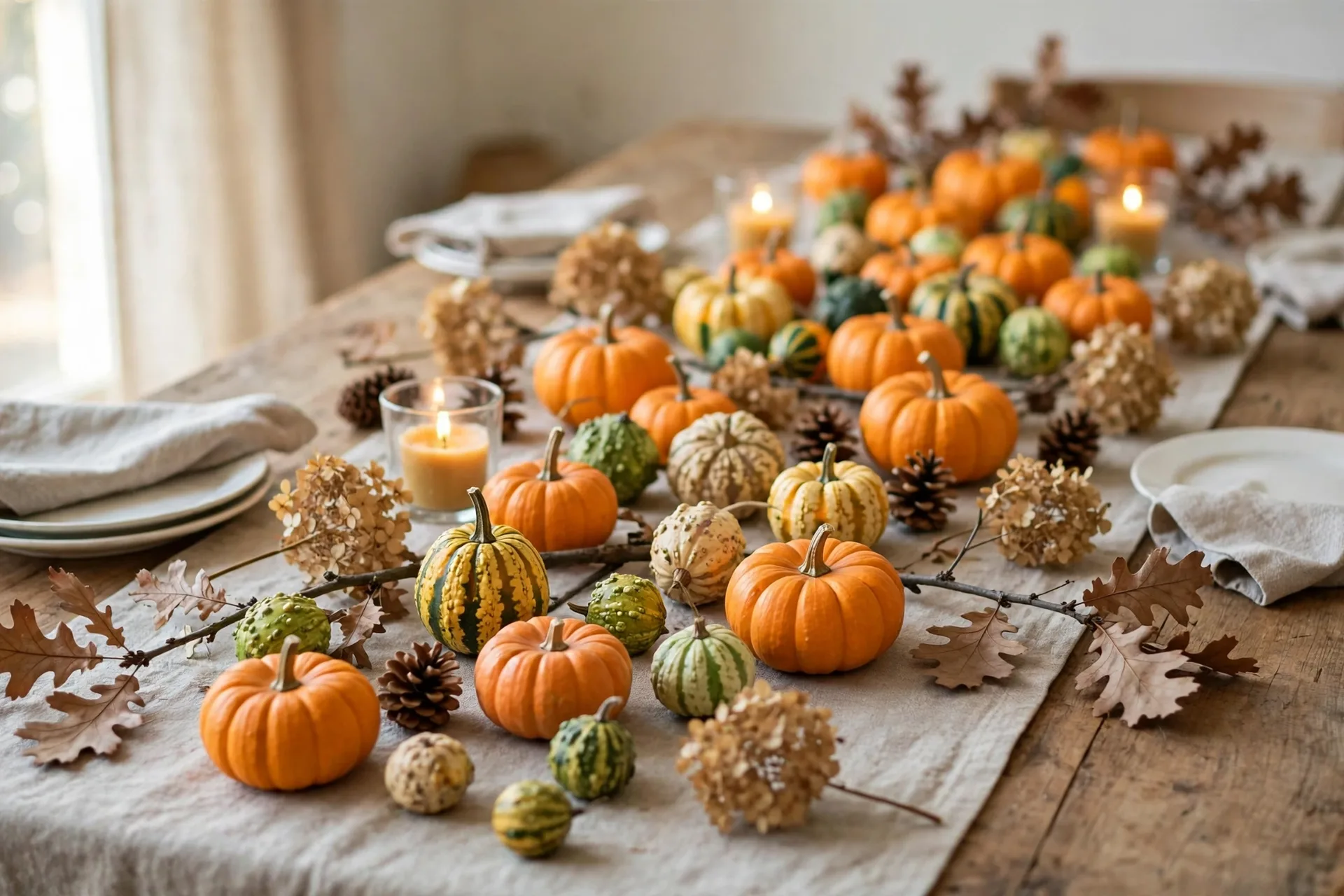 A budget Thanksgiving table with grocery-store mini pumpkins and foraged oak branches and dried hydrangeas along a neutral runner