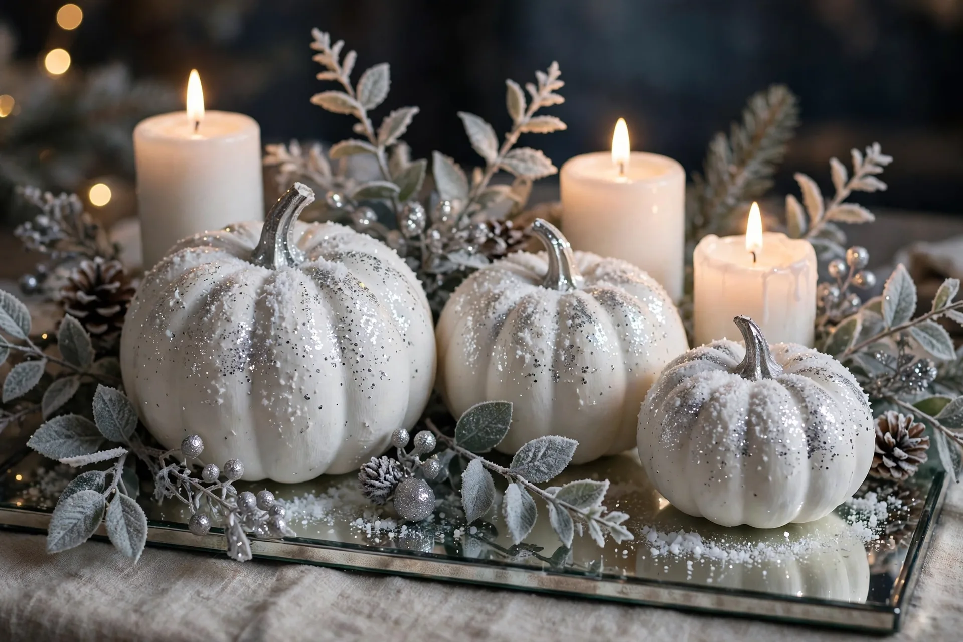 A Thanksgiving centerpiece of white pumpkins dusted with faux snow and silver glitter on a mirrored tray with white candles