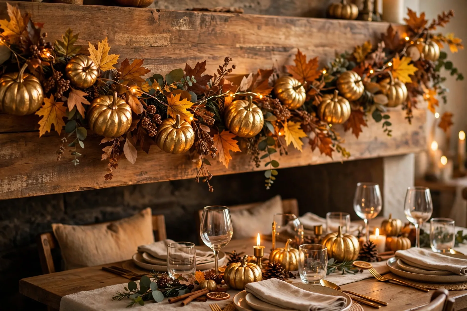 A garland of small gold-leafed mini pumpkins and autumn leaves with fairy lights draped across a mantel above a Thanksgiving table