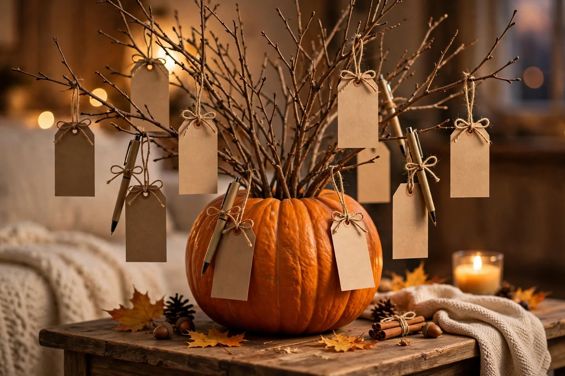 A Thanksgiving gratitude tree of bare branches in a large pumpkin vase with blank paper tags tied with twine, on a side table