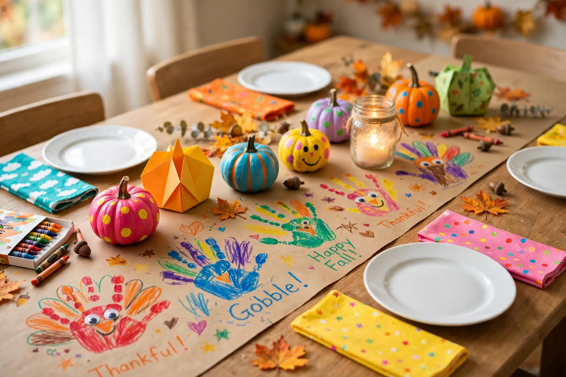 A cheerful kid-friendly Thanksgiving table with a kraft paper runner, crayon drawings, brightly painted mini pumpkins, paper pumpkins and a glowing mason jar luminary