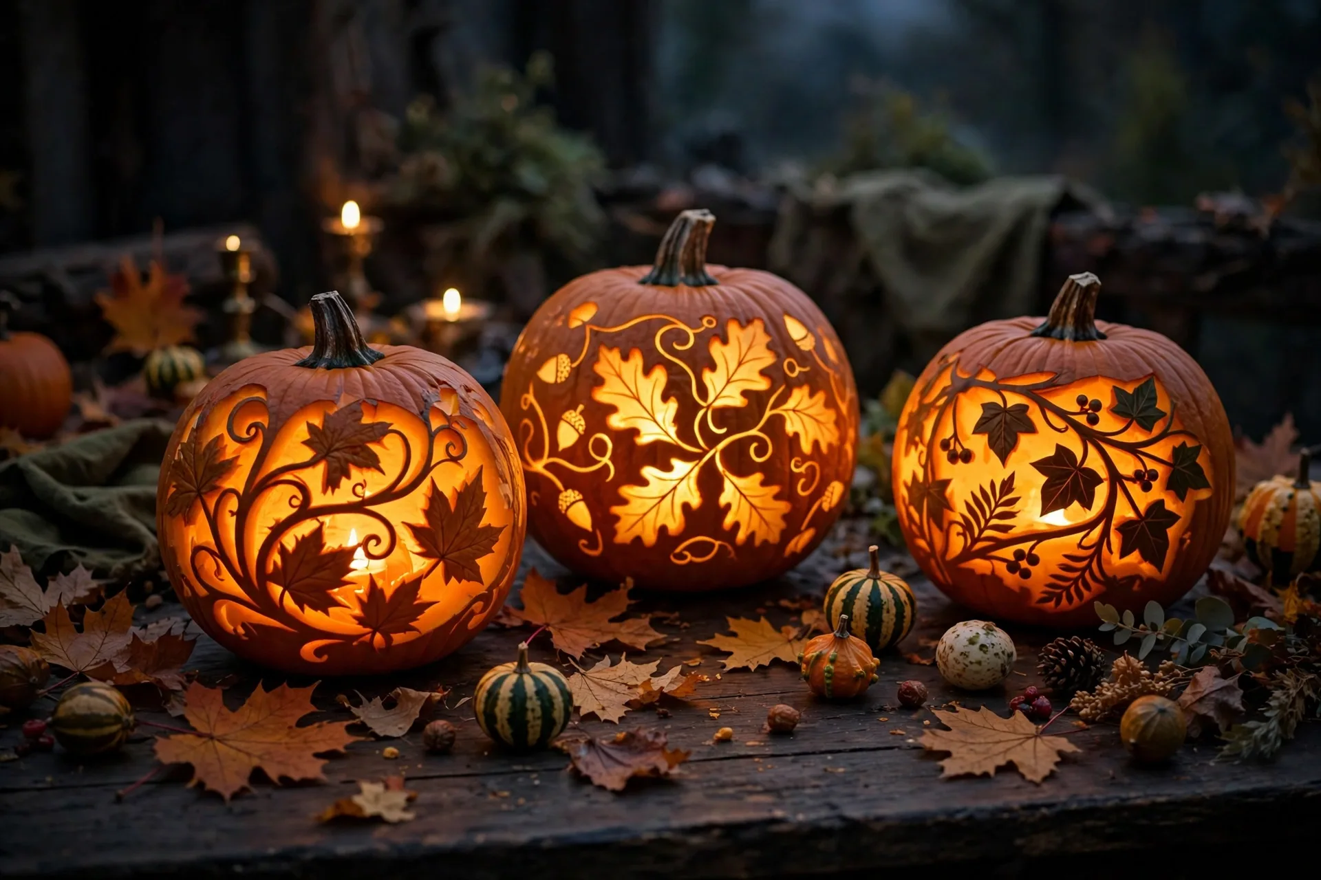 Three carved pumpkins glowing as lanterns with fall leaf patterns on a Thanksgiving table at dusk, surrounded by autumn leaves and mini gourds