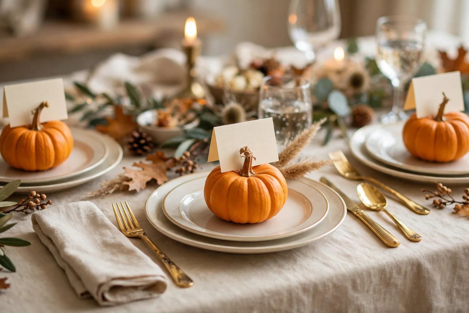 A Thanksgiving place setting with a small blank cream menu card tucked into the stem of a mini pumpkin at each plate