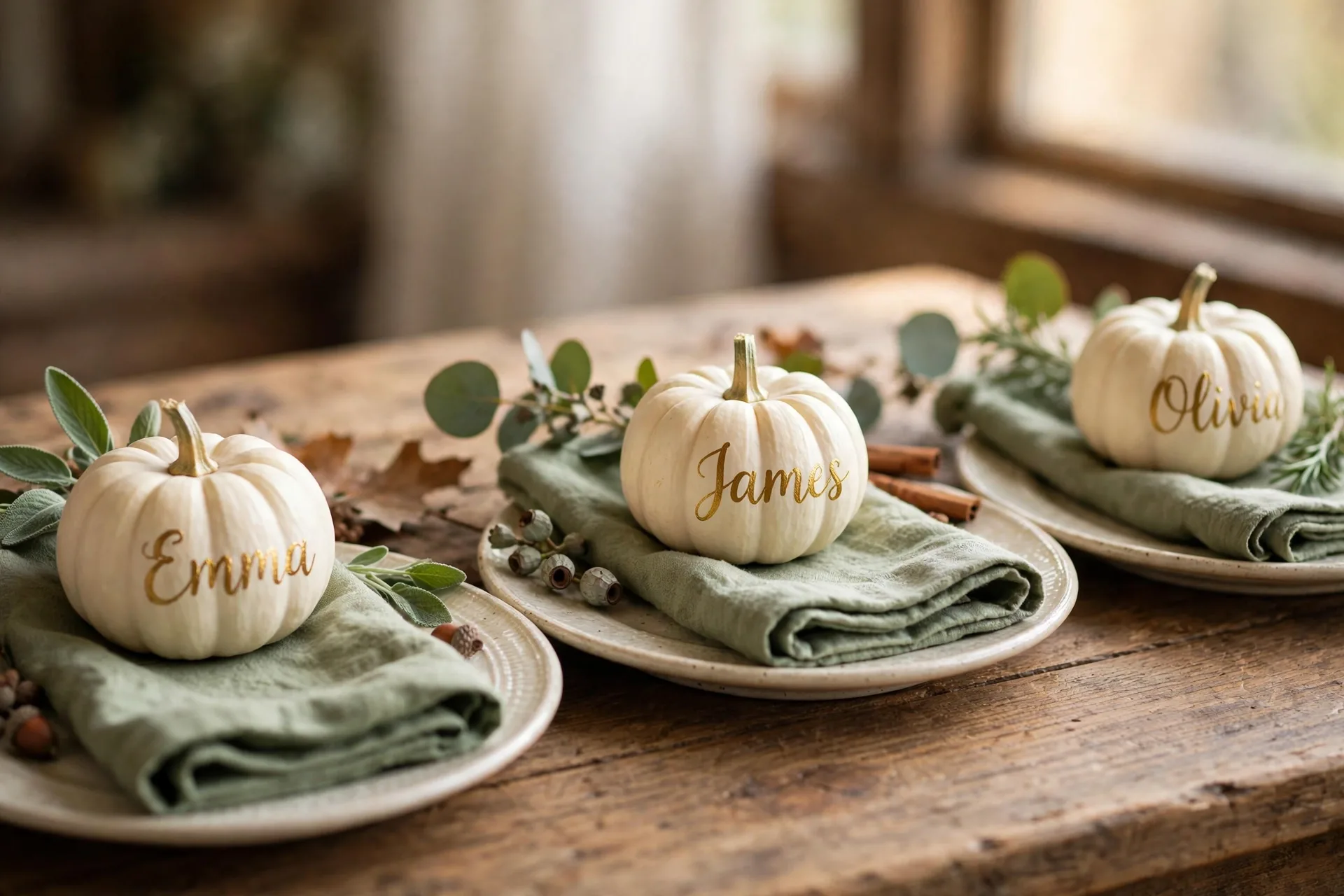Small white mini pumpkins with gold hand-painted guest names used as Thanksgiving place cards, with sage linen napkins and cream plates on a wooden table