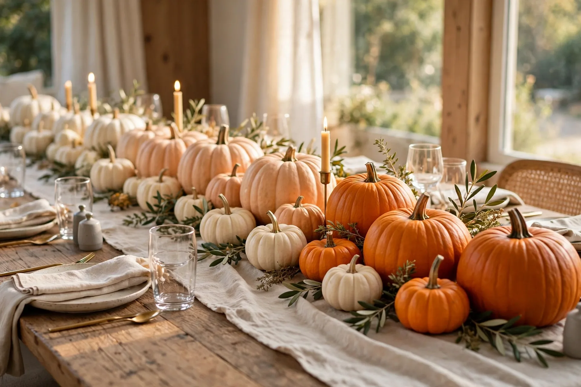 A long Thanksgiving table with pumpkins arranged in an ombre gradient from white to deep orange down the center