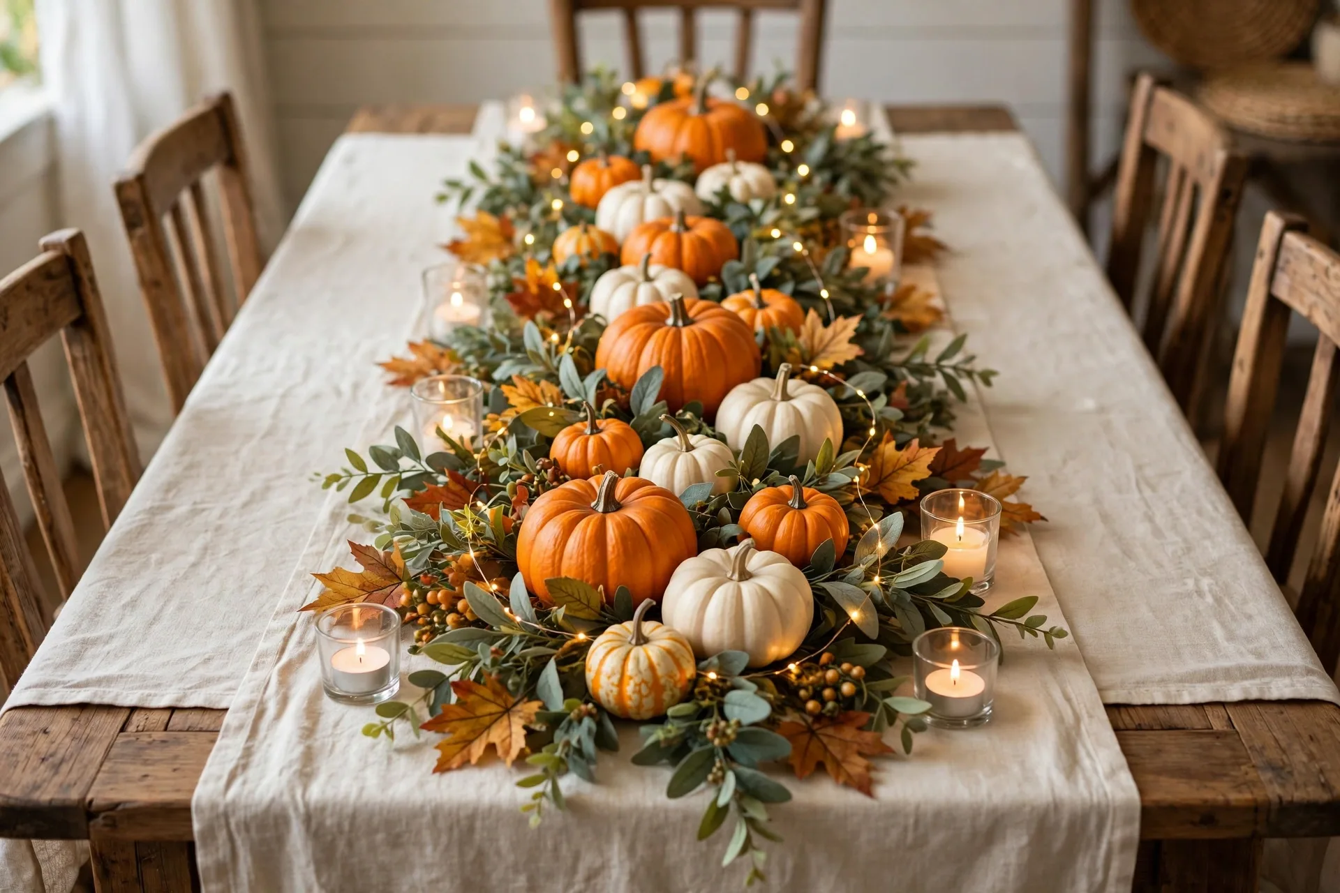 A Thanksgiving table centerpiece shaped like a pumpkin patch: a long runner of orange and white mini pumpkins and gourds in greenery with fairy lights and glowing tealights down a farmhouse table