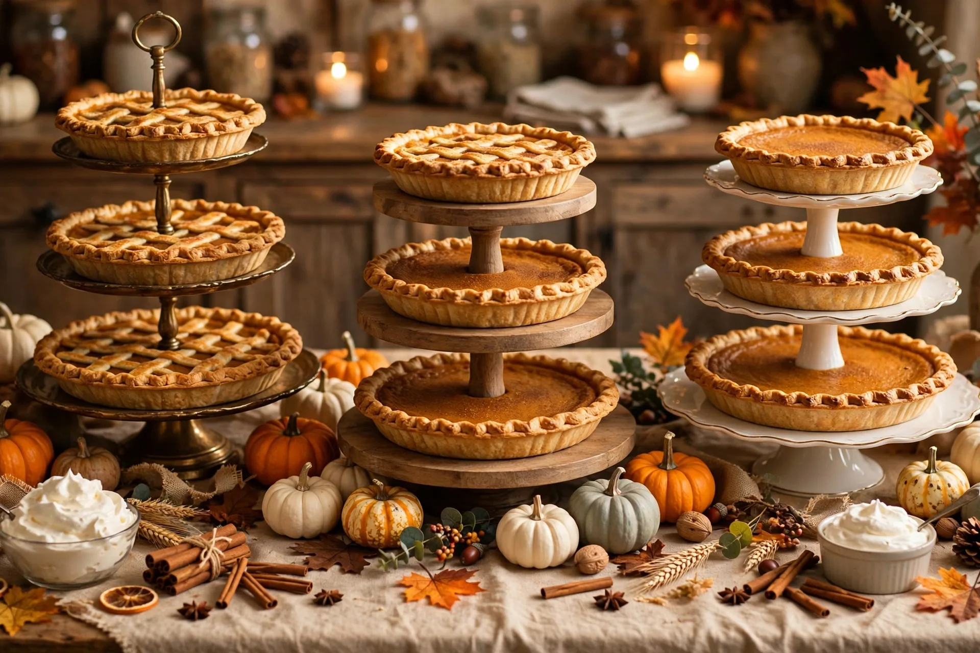 A Thanksgiving dessert table with pumpkin pies on tiered cake stands ringed with mini pumpkins and autumn leaves