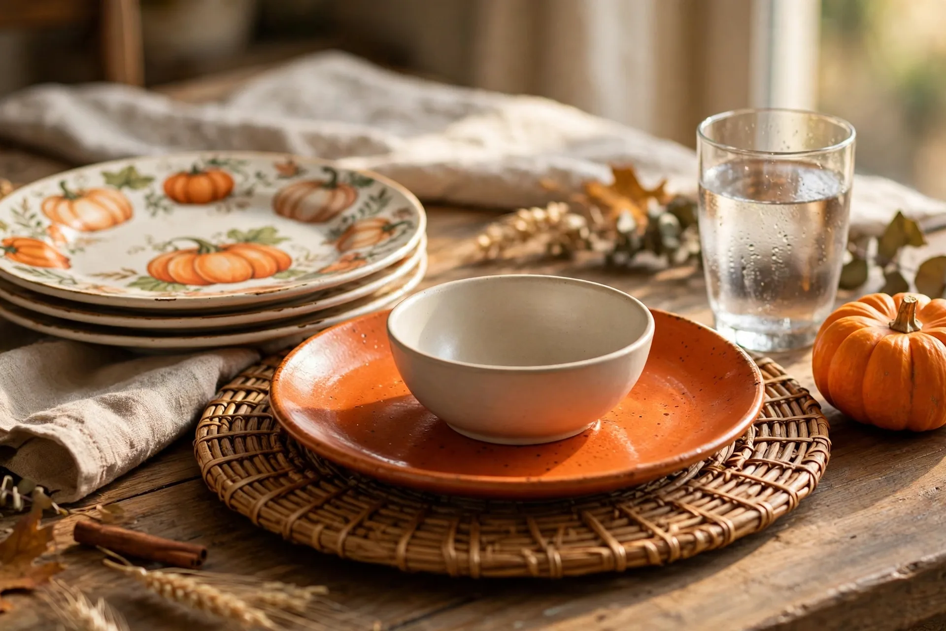 A Thanksgiving place setting with a stack of pumpkin-motif plates and a bowl on a woven charger, a mini pumpkin by the glass