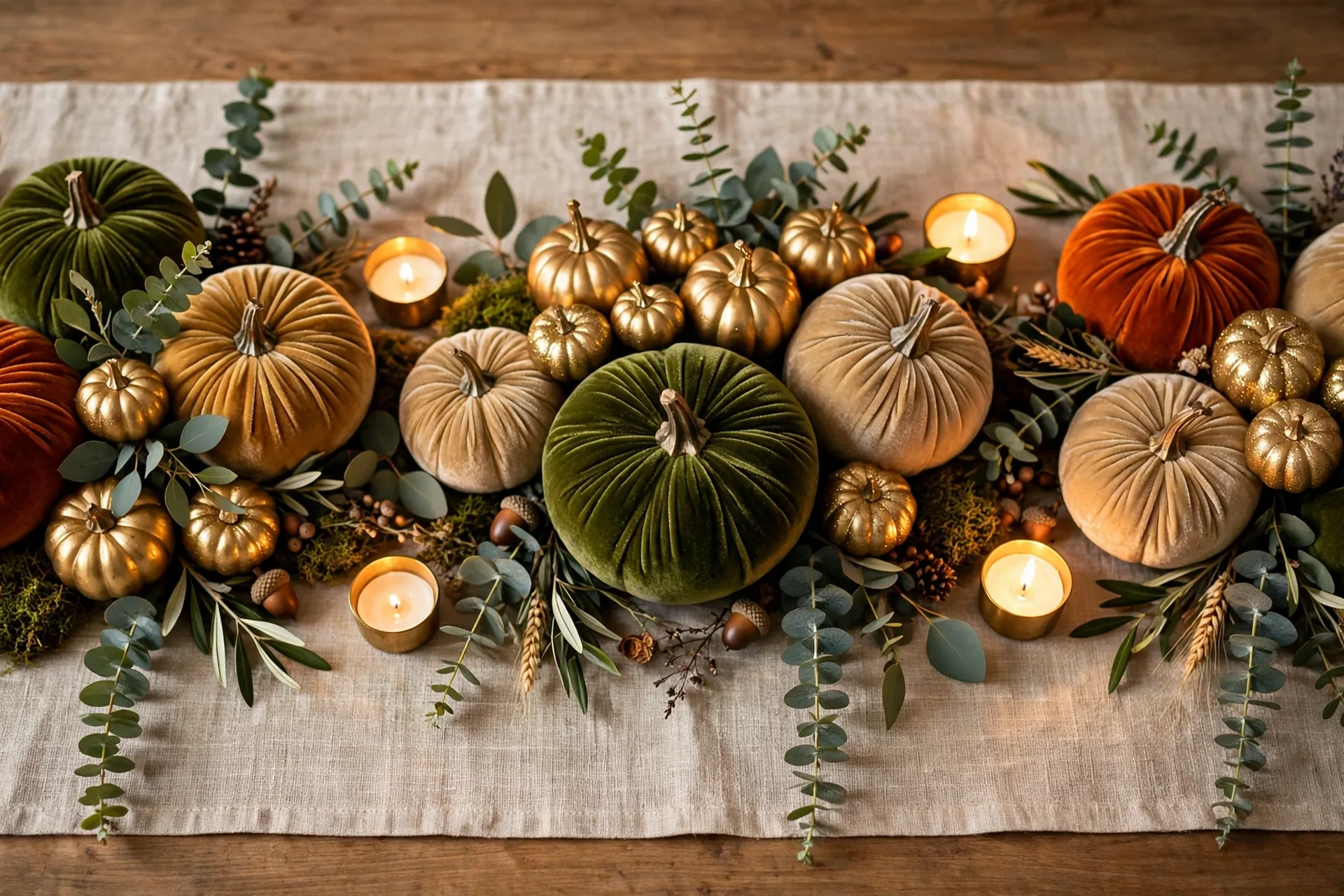 A Thanksgiving table runner with clusters of velvet pumpkins in deep orange, moss green and dusty gold mixed with gilded minis