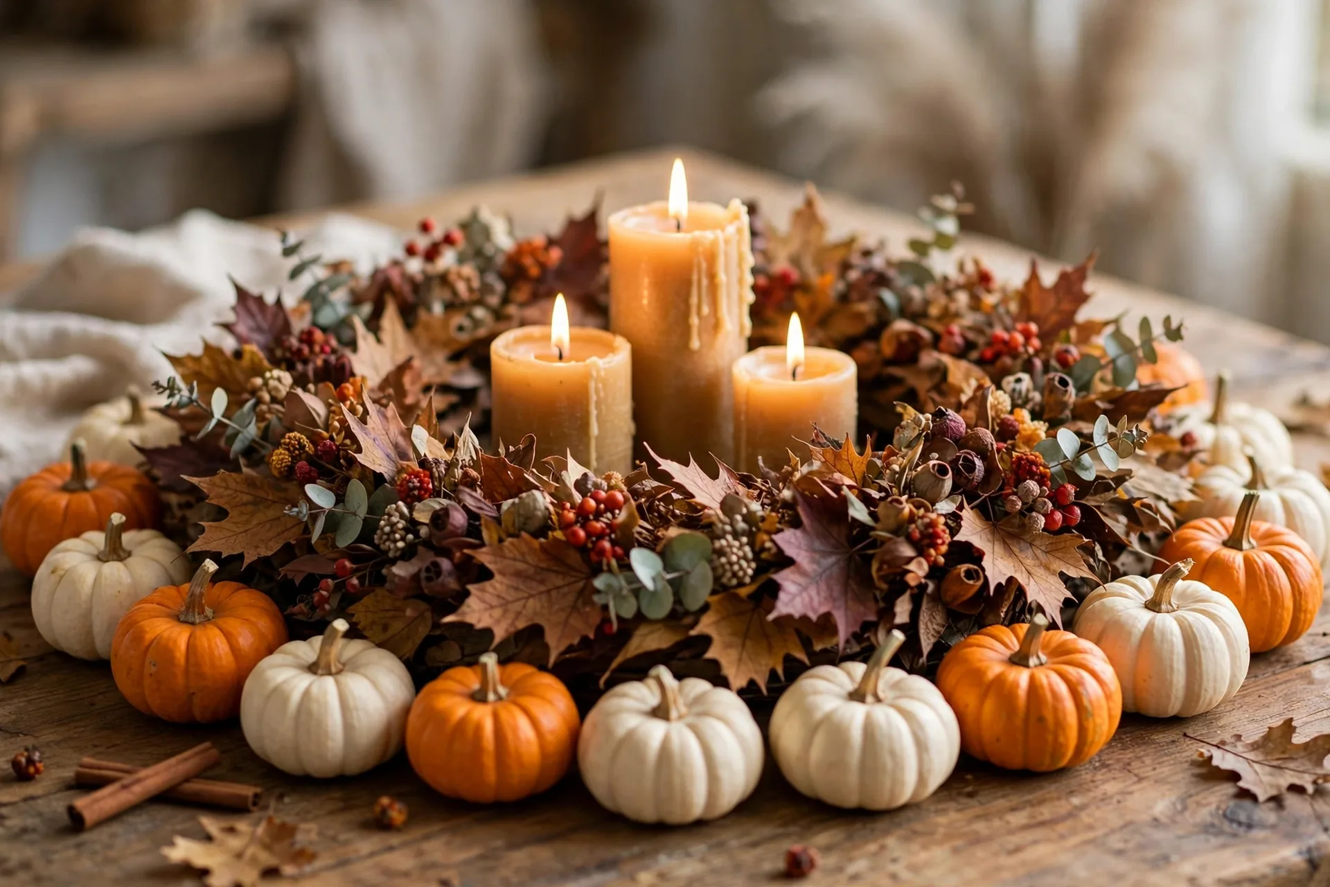 A Thanksgiving table centerpiece of a small autumn wreath ringed with tiny orange and white mini pumpkins and candles in the middle