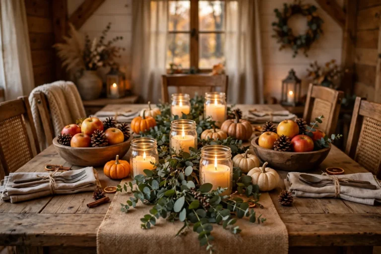 A farmhouse wood table styled as a rustic Thanksgiving tablescape with a burlap runner, eucalyptus garland, glowing mason jar candles, wooden bowls of apples and pinecones, and small pumpkins