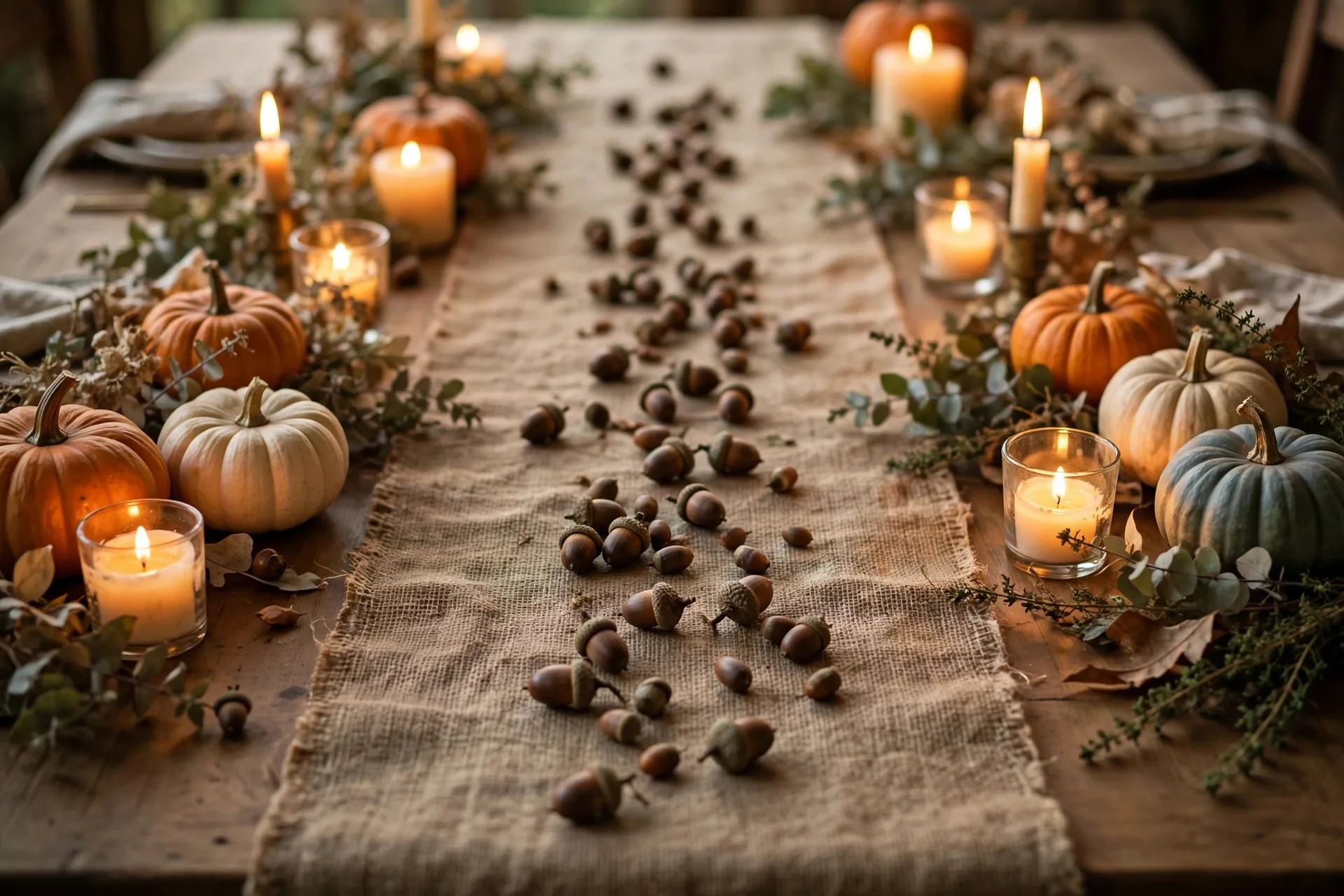 Acorns scattered loosely down the center of a rustic Thanksgiving table runner between candles and pumpkins