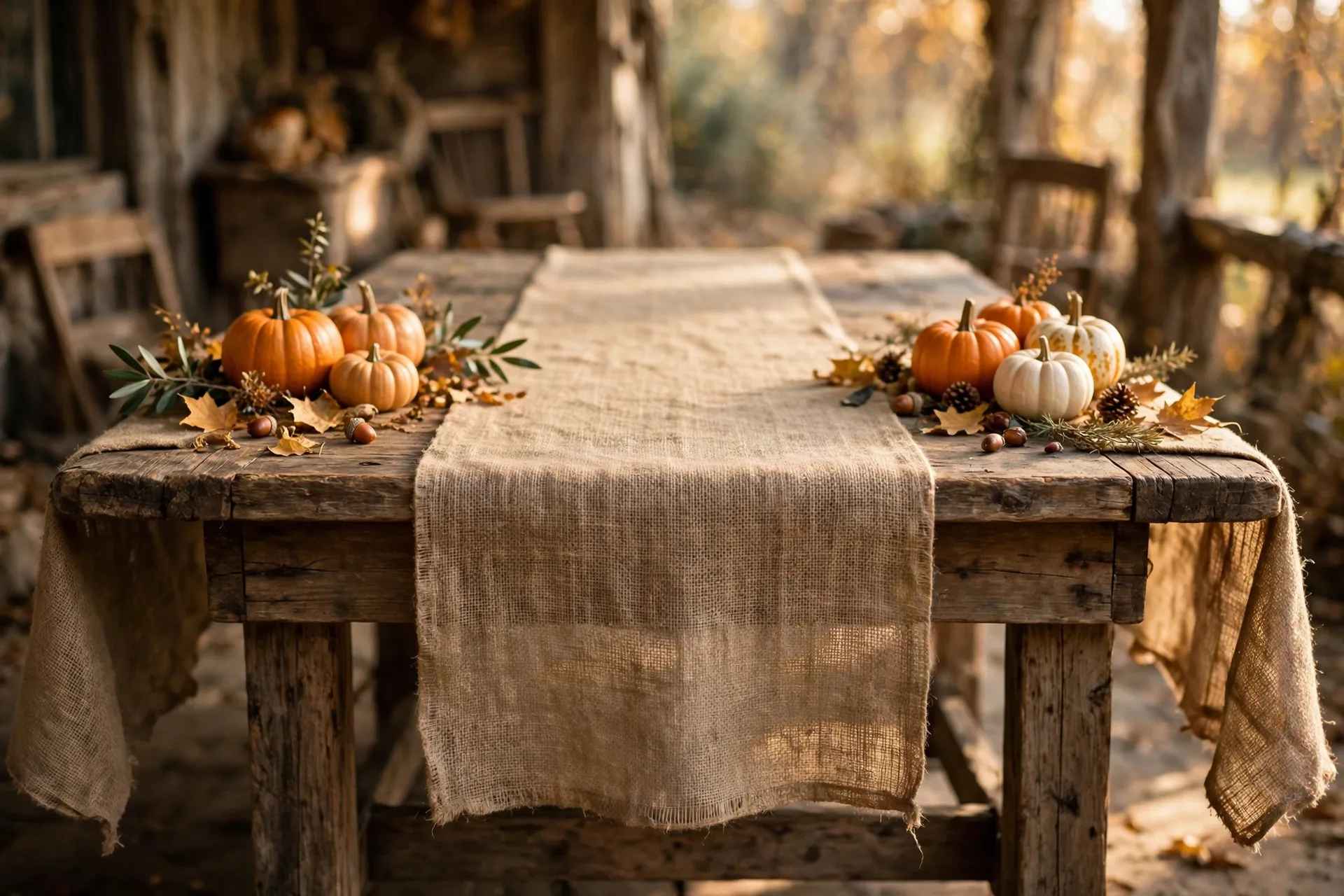 A burlap table runner laid down the center of a rustic wood Thanksgiving table, overhanging at each end