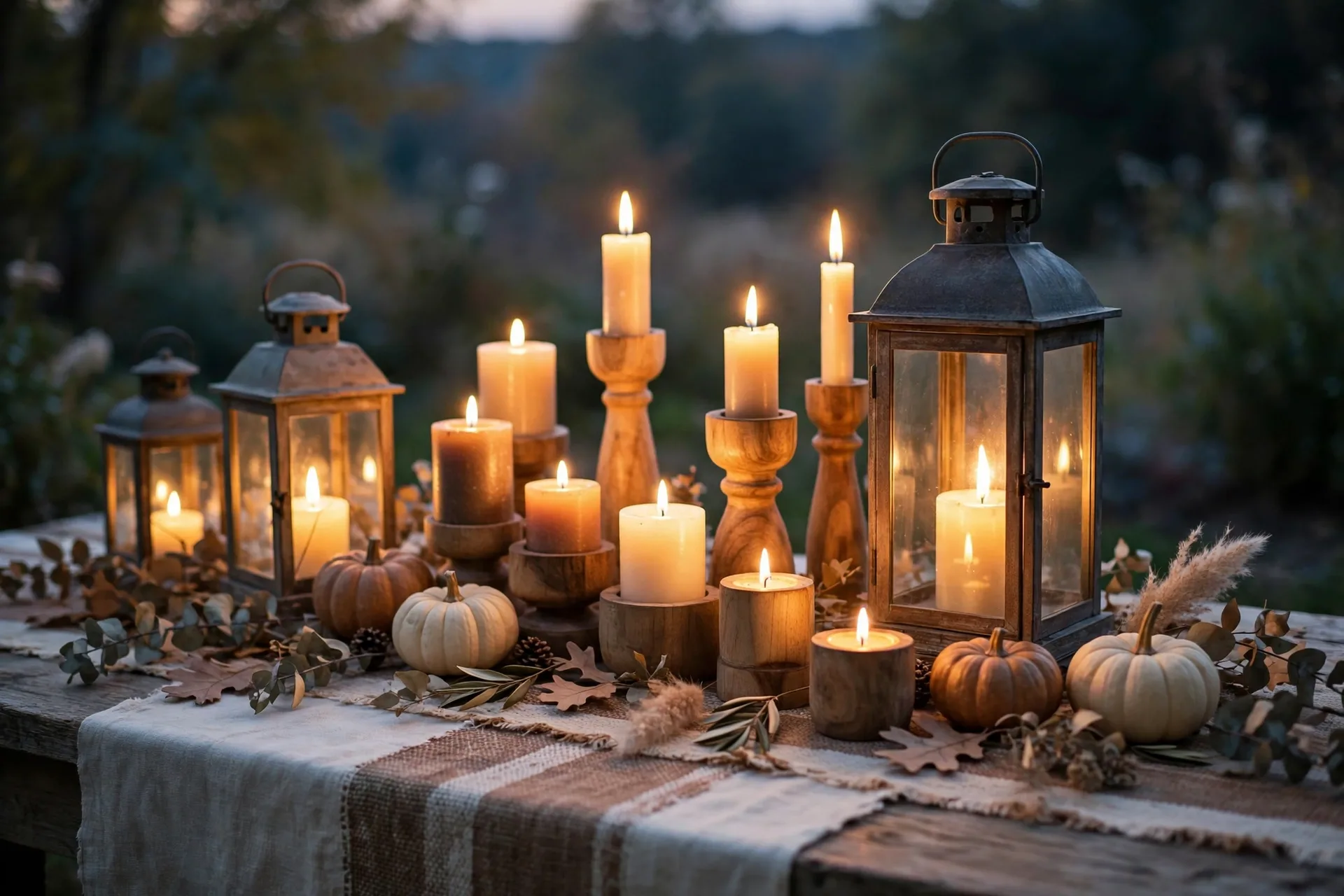 A cluster of candles in wood holders and lanterns of varying heights glowing on a rustic Thanksgiving table